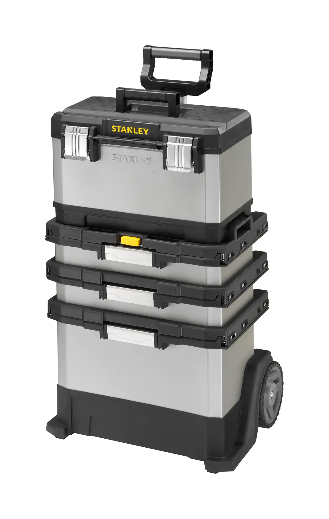 STANLEY 1-95-622 boîte à outils empilable métallique à roulettes avec quatre compartiments, noir et argent, vue de face.