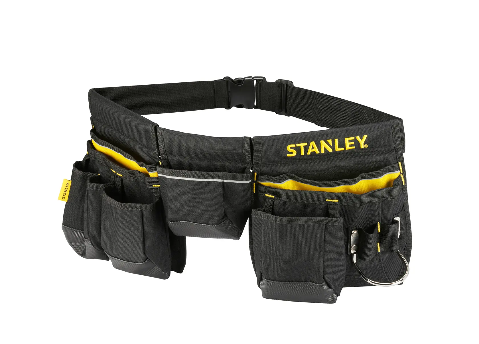 STANLEY 1-96-178 ceinture porte-outils avec plusieurs poches noires et jaunes, vue de face, sur fond blanc.