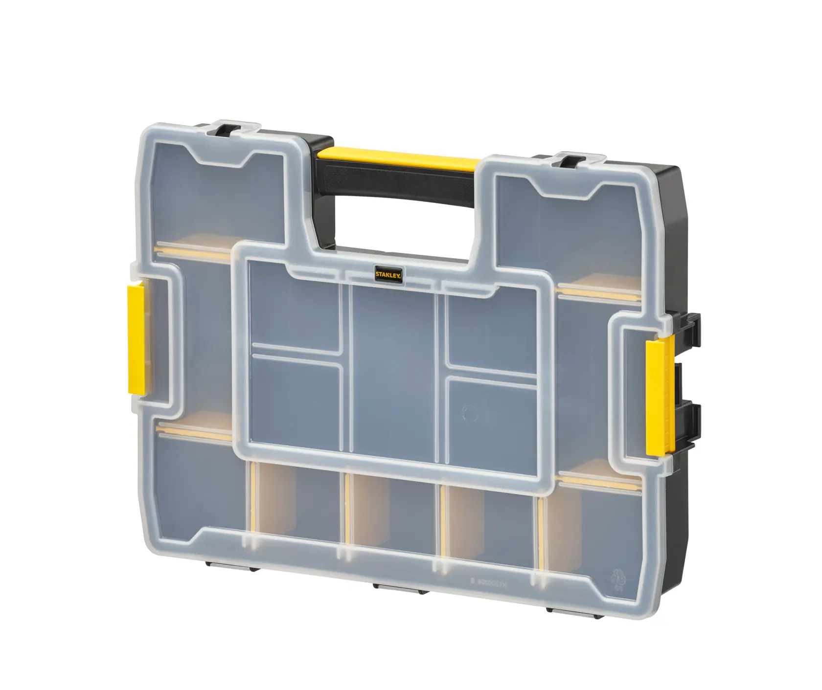 Organisateur STANLEY 1-97-483 avec couvercle transparent, loquets jaunes, poignée noire, vu de face sur fond blanc.