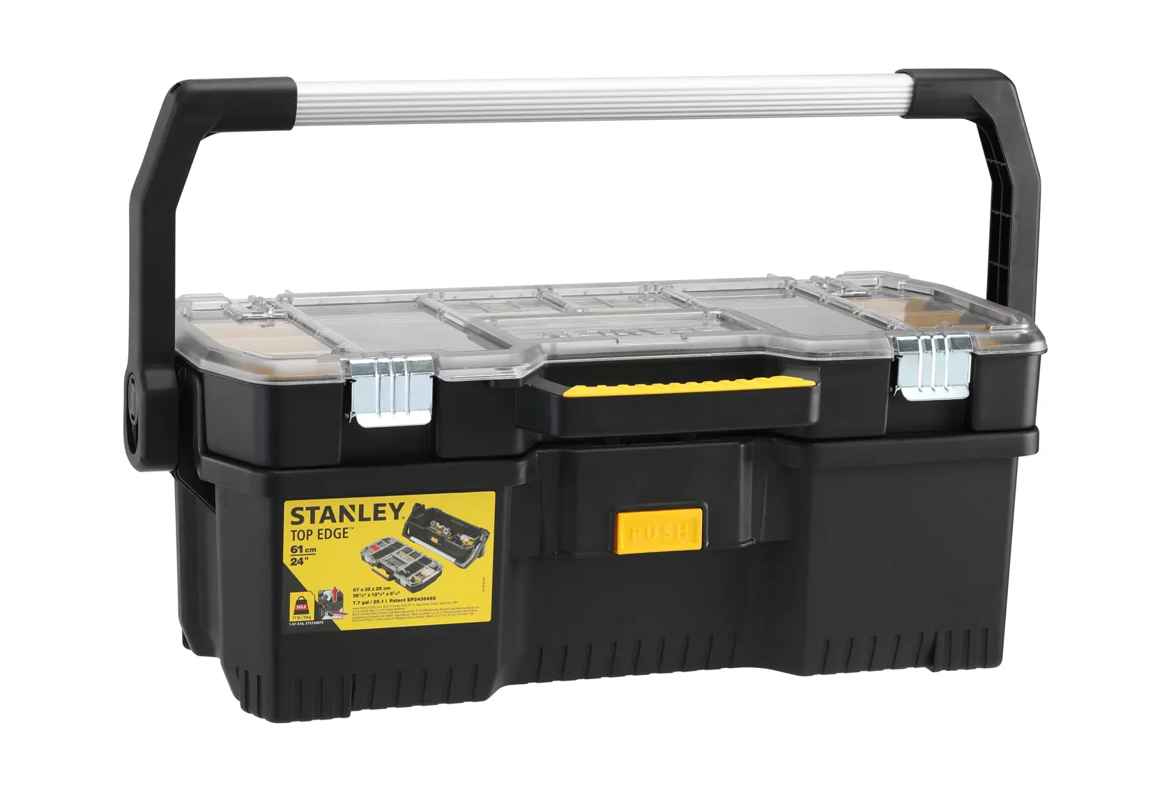 STANLEY SKU 1-97-514 boîte à outils noire avec couvercle à compartiments transparents, fermetures métalliques et grande poignée, vue de face.