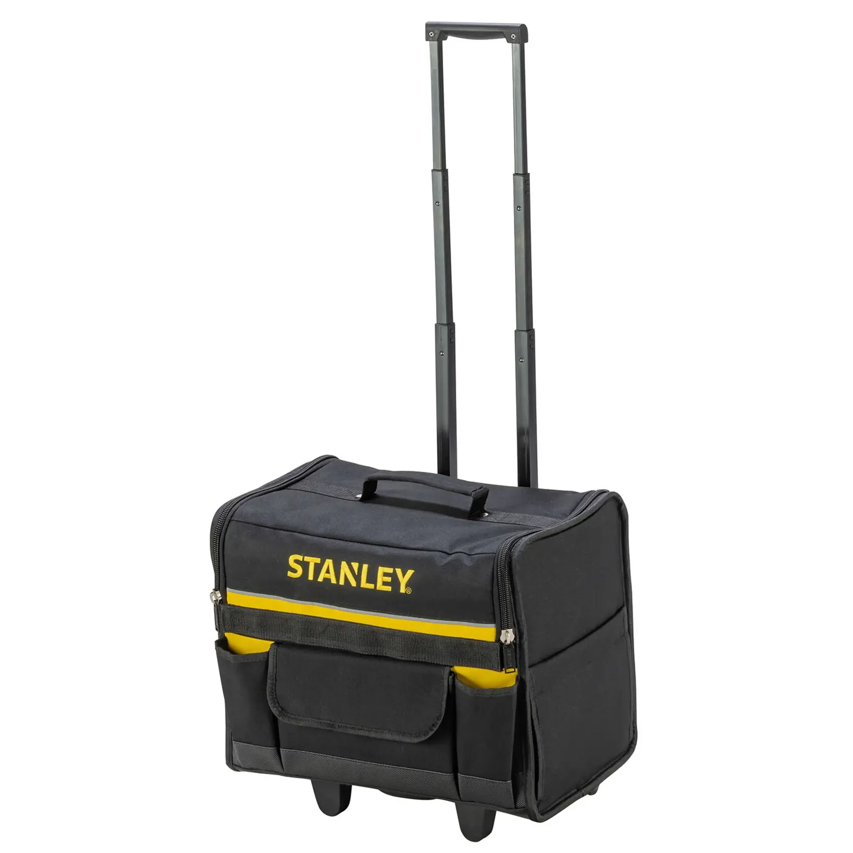 STANLEY 1-97-515 sac à outils à roulettes, noir avec bande jaune, vue de face, poignée télescopique déployée.