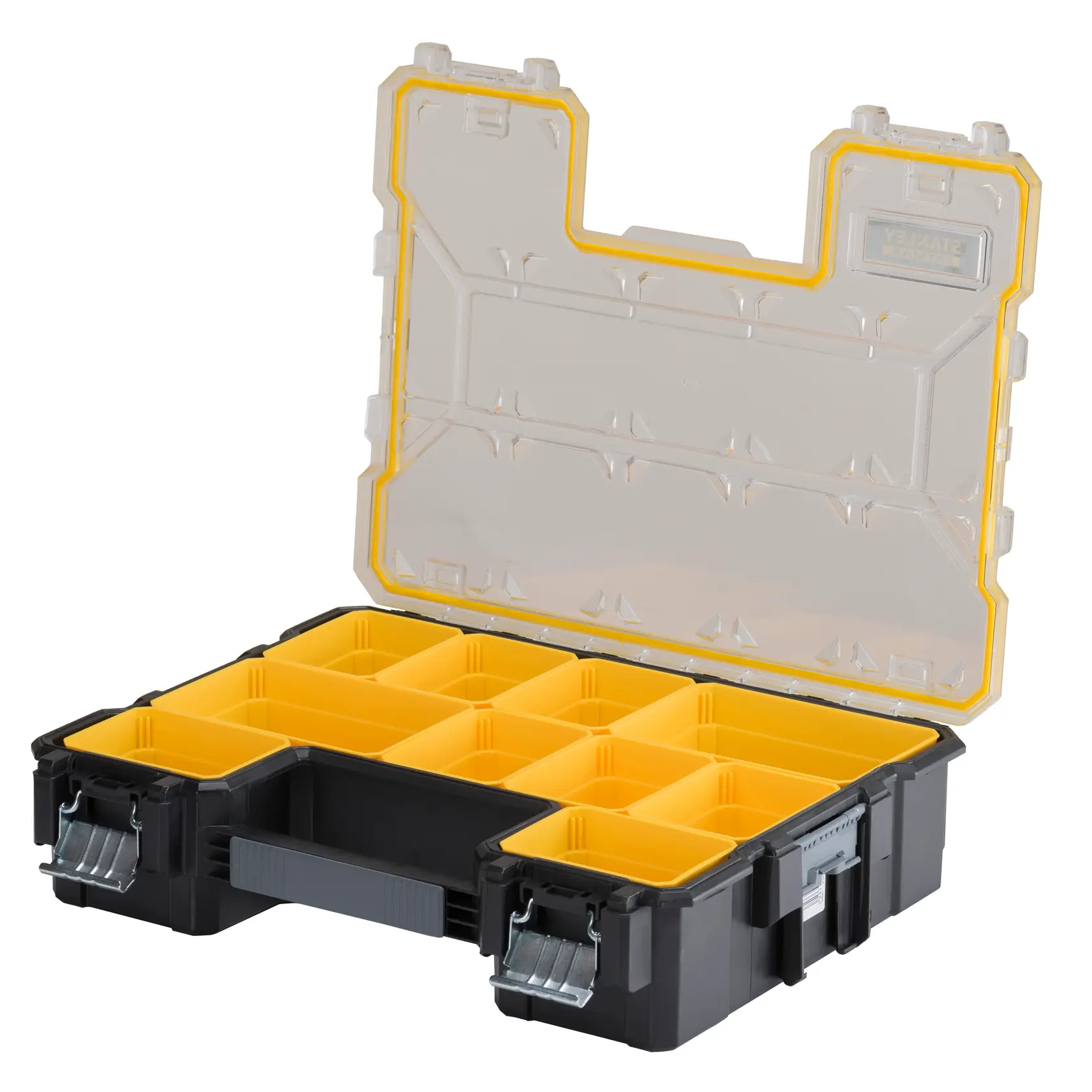 Boîte organiseur Stanley avec couvercle transparent, compartiments jaunes et fermetures métalliques pour outils.