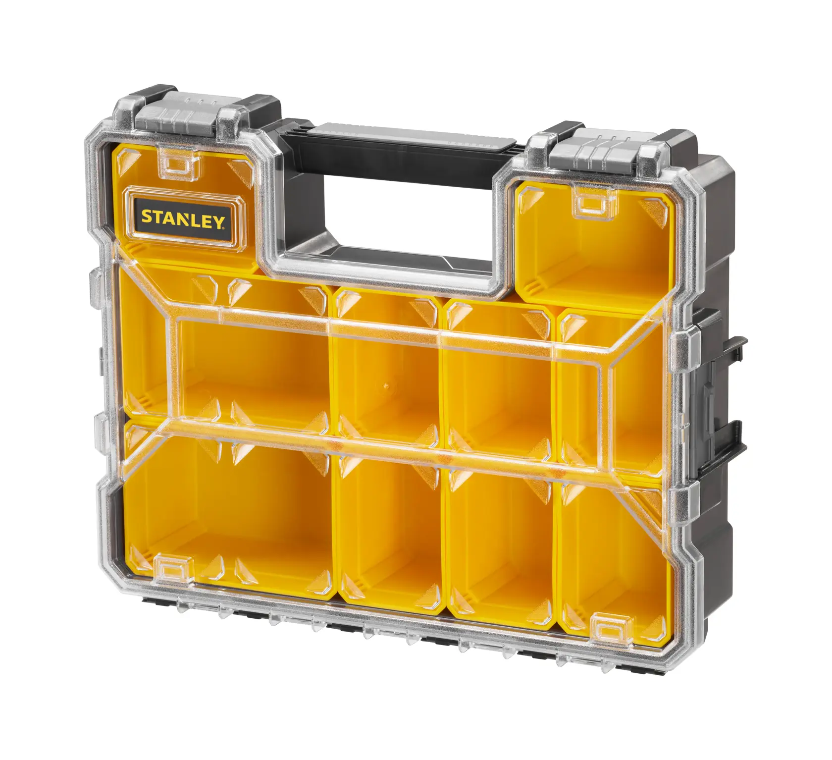 STANLEY 1-97-521 boîte jaune et transparente à compartiments, poignée, vue de face.