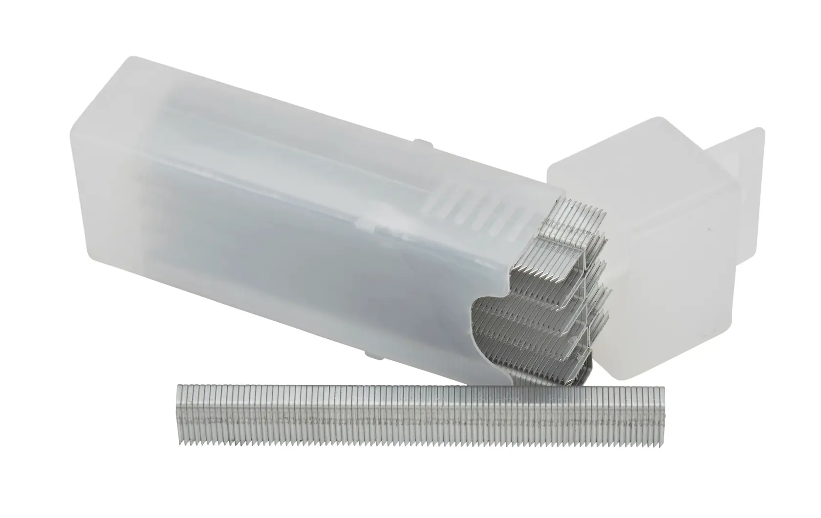 Clear plastic box with metal staples, one strip outside. Office supply item for staplers.