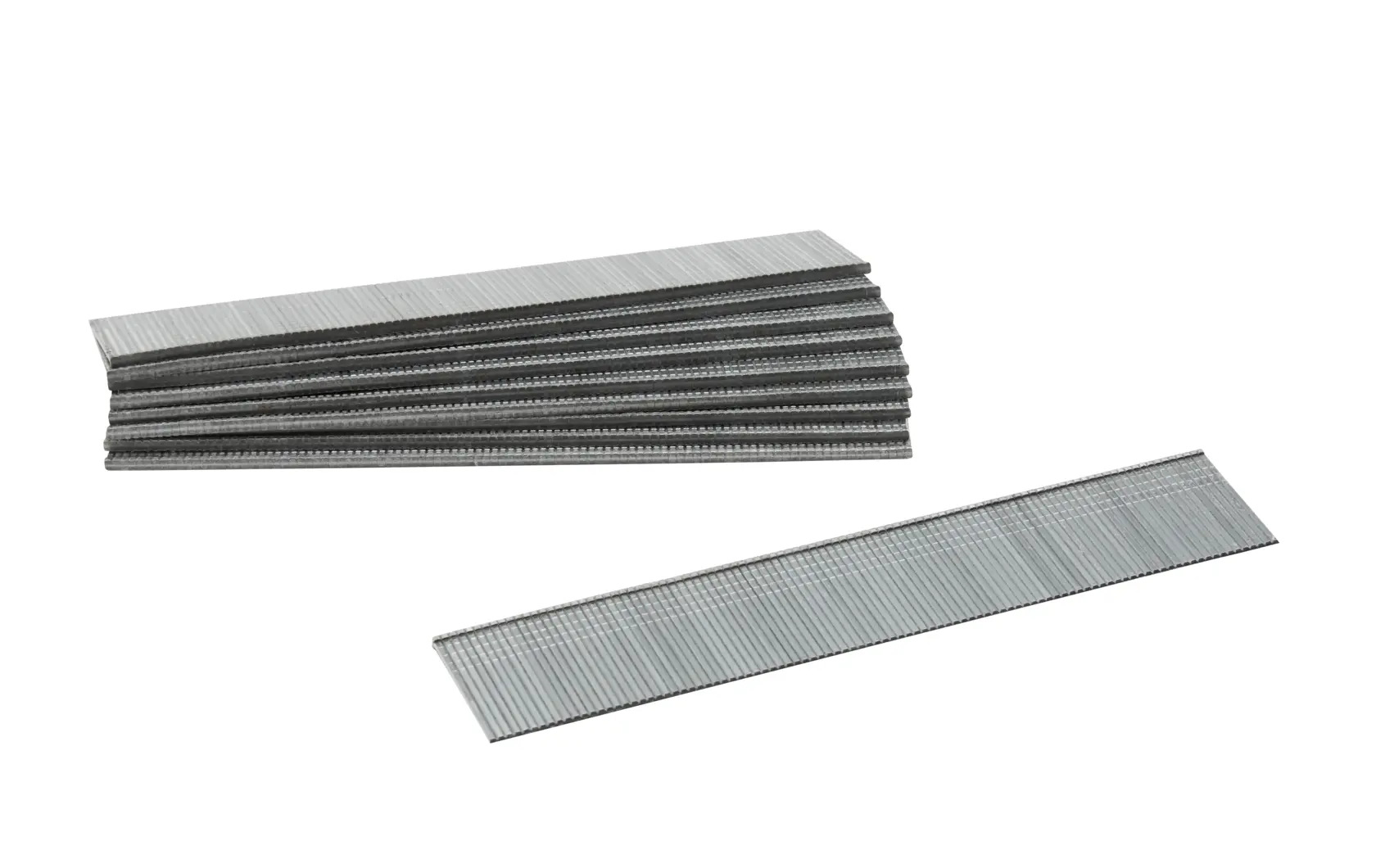 Photo de pointes brad STANLEY 1-SWKBN100T, couleur argent, bandes empilées sur fond blanc, produit de photographie.