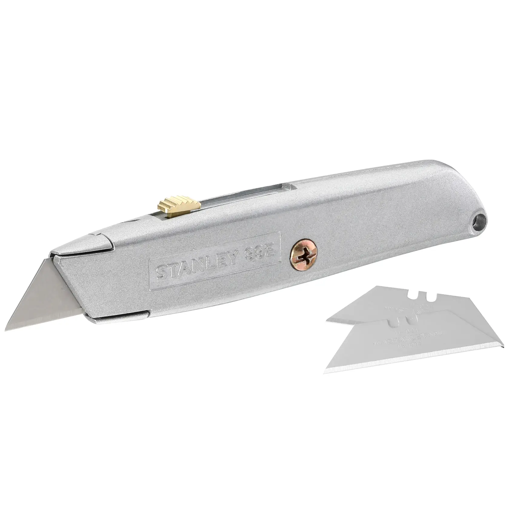 STANLEY 2-10-099 silver utility knife with exposed blade and two replacement blades, angled product photo.