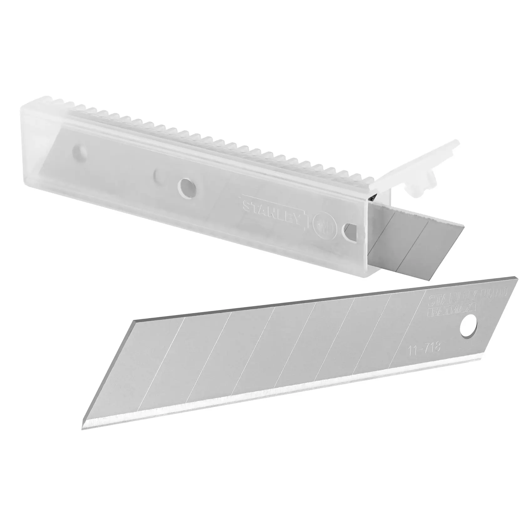 STANLEY 2-11-718 lames de cutter avec boîtier en plastique, vue latérale, finition métal argenté.