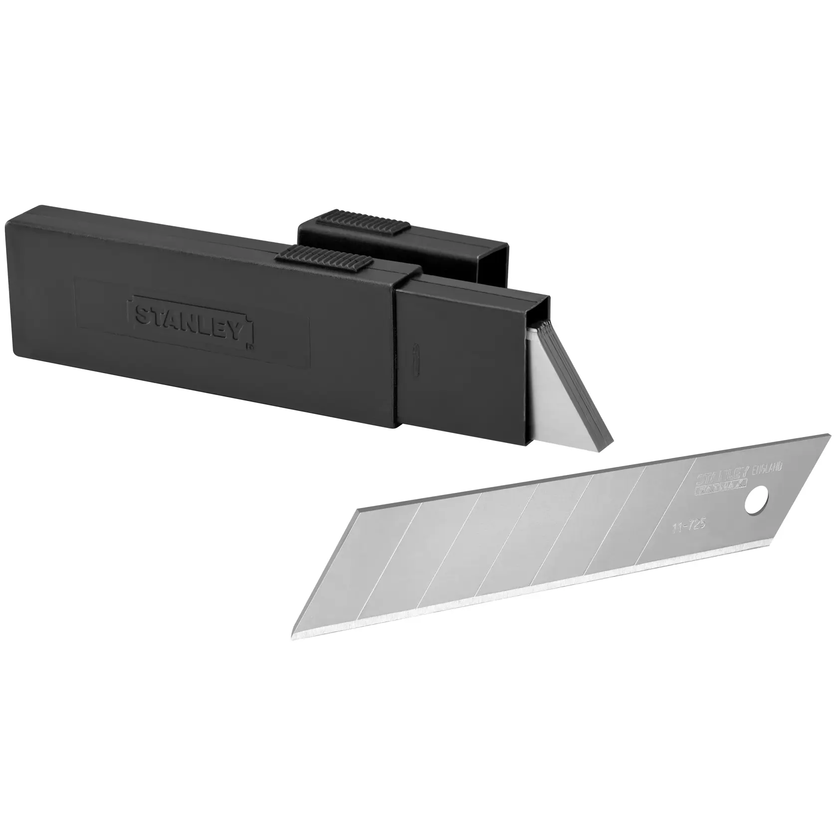 STANLEY 2-11-725 lames pour cutter à segments avec distributeur en plastique noir, vue latérale.
