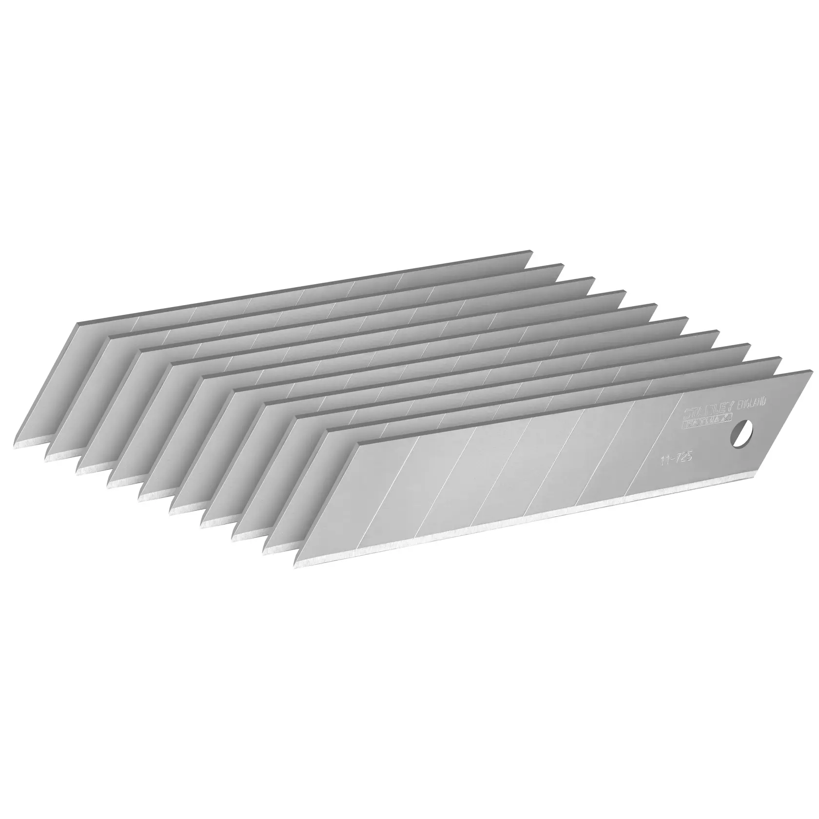 STANLEY 2-11-725 lames segmentées pour cutter, argentées, empilées en angle, photographie sur fond blanc.