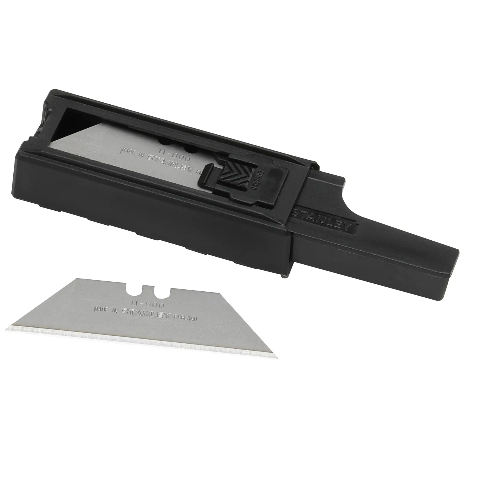 STANLEY 2-11-800 utility knife blade and black dispenser on white background, photography side angle.