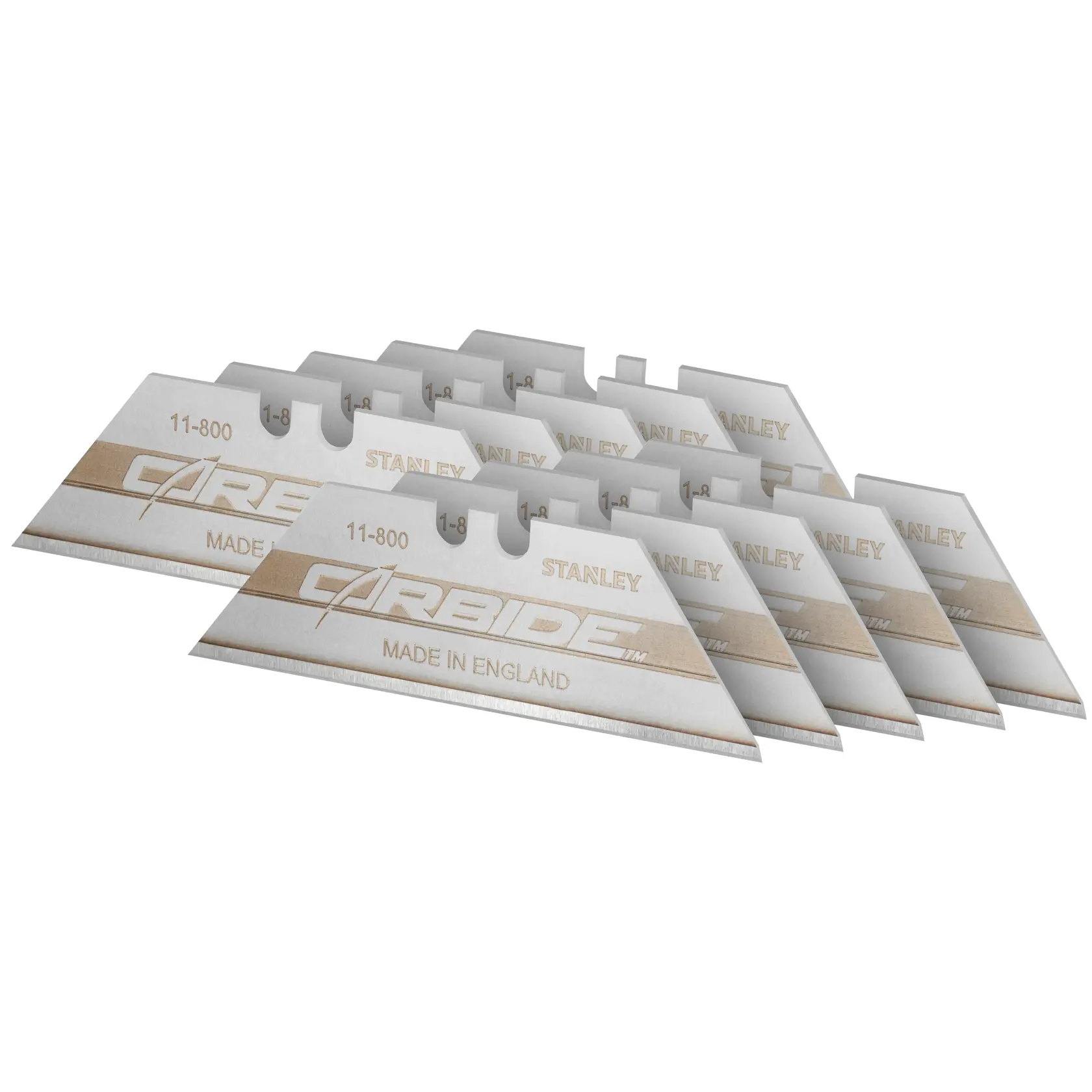Stanley 11-800 Carbide Universalklingen fächerförmig angeordnet. Silberfarbene Klingen mit goldener Beschriftung.