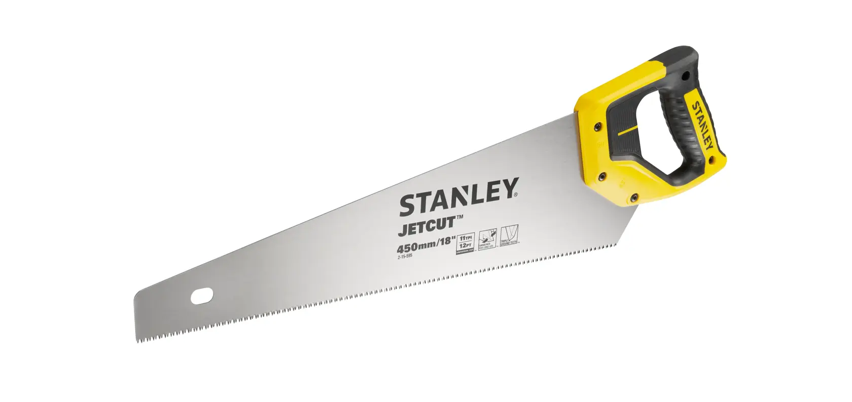 Photo de la scie à main STANLEY 2-15-595 avec poignée jaune et noire, lame JetCut 450mm, vue latérale sur fond blanc.