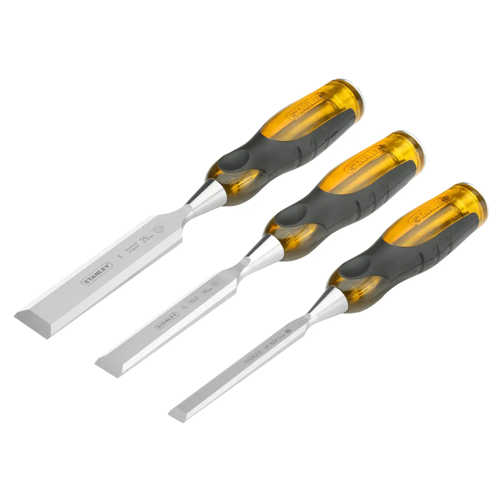 Ensemble de trois ciseaux à bois Stanley avec poignées jaune et noir, posés sur fond blanc.