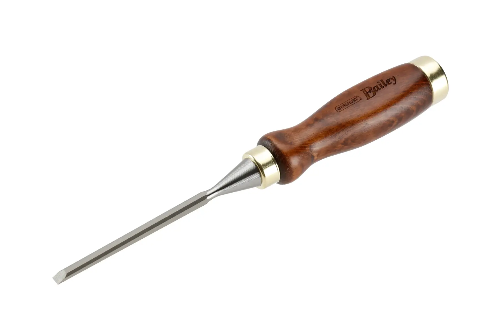 Wood handle chisel with metal blade and brass accents, suitable for woodworking and precise tasks.