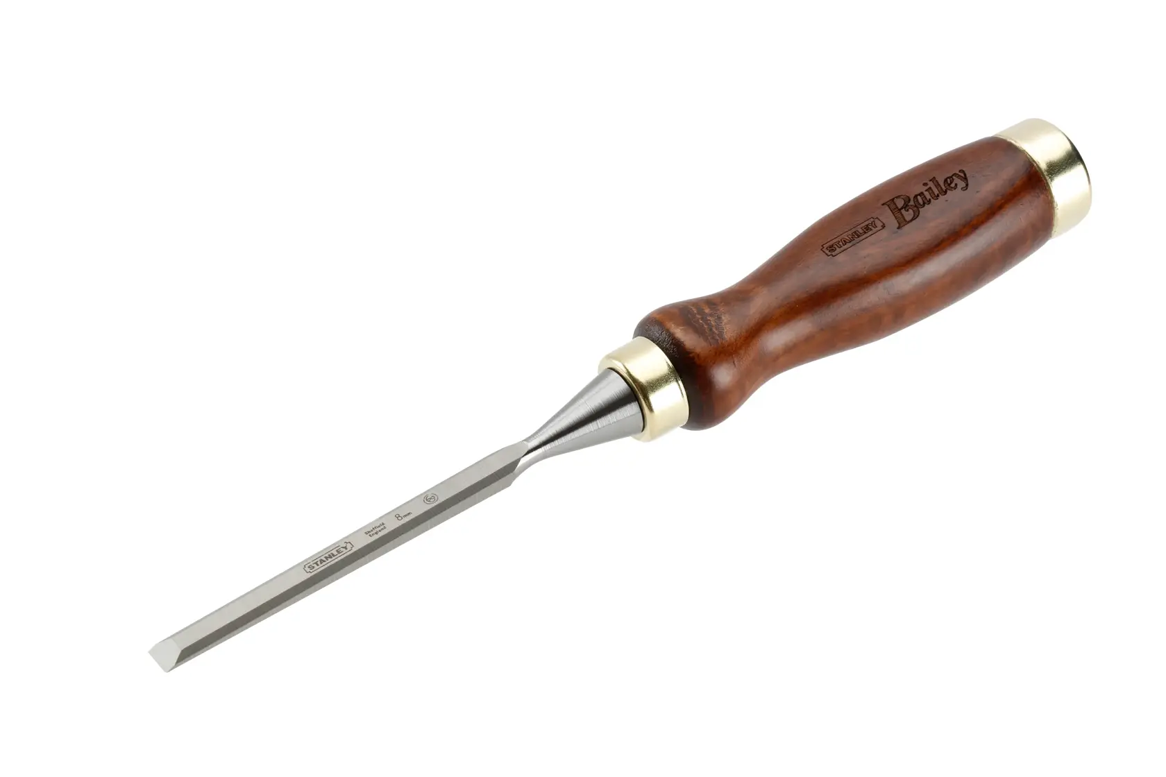 STANLEY 2-16-383 wood chisel with polished steel blade and varnished wooden handle, side angle on white background.