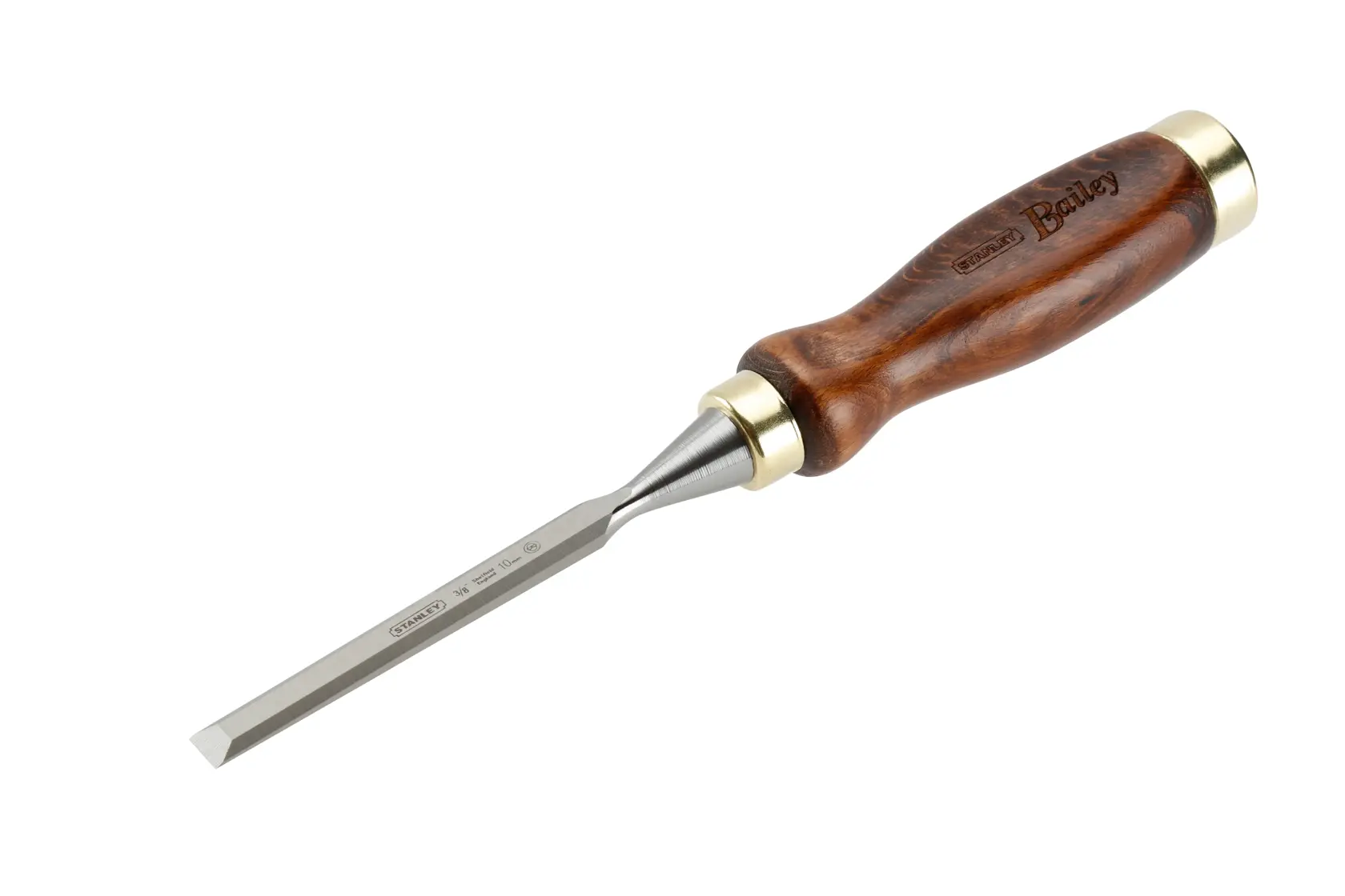 Photo of STANLEY 2-16-384 wood chisel with beveled edge, polished steel blade, and wooden handle, side angle.