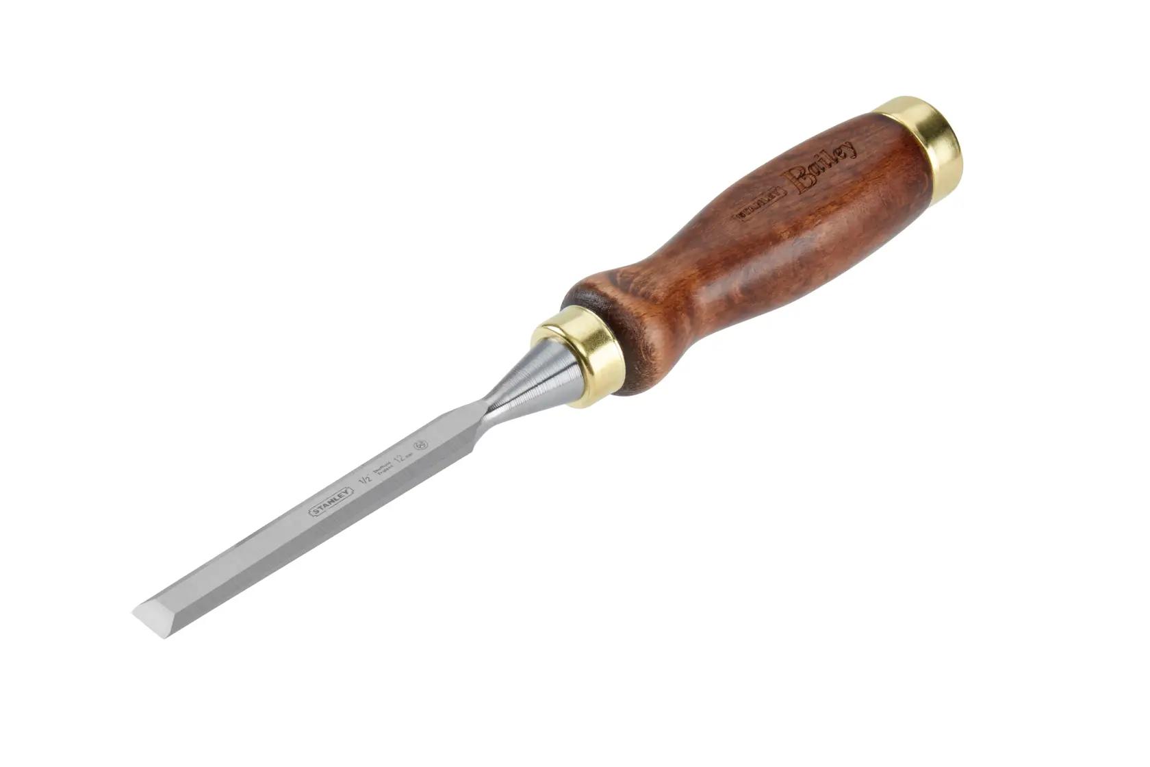 Woodworking chisel with a metal blade and wooden handle with brass accents, photographed on a white background.