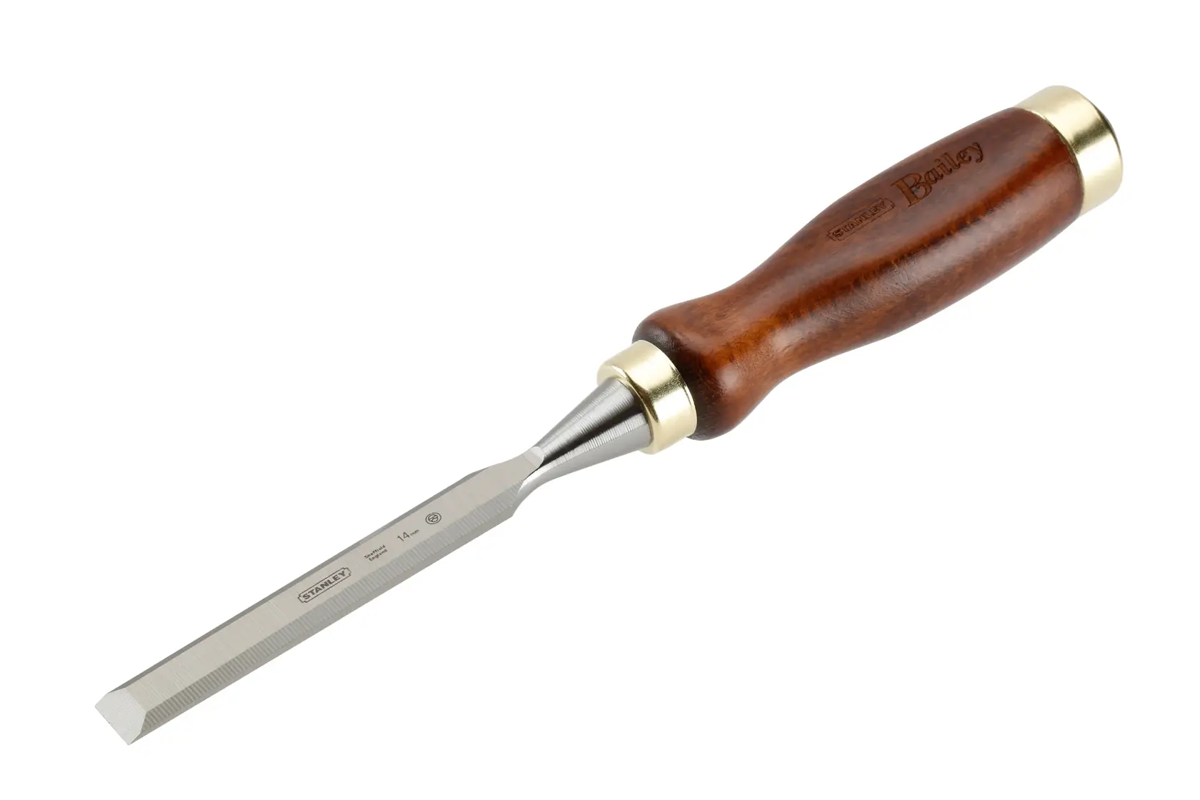 STANLEY 2-16-386 wood chisel with beveled steel blade and polished wooden handle, side angle on white background.