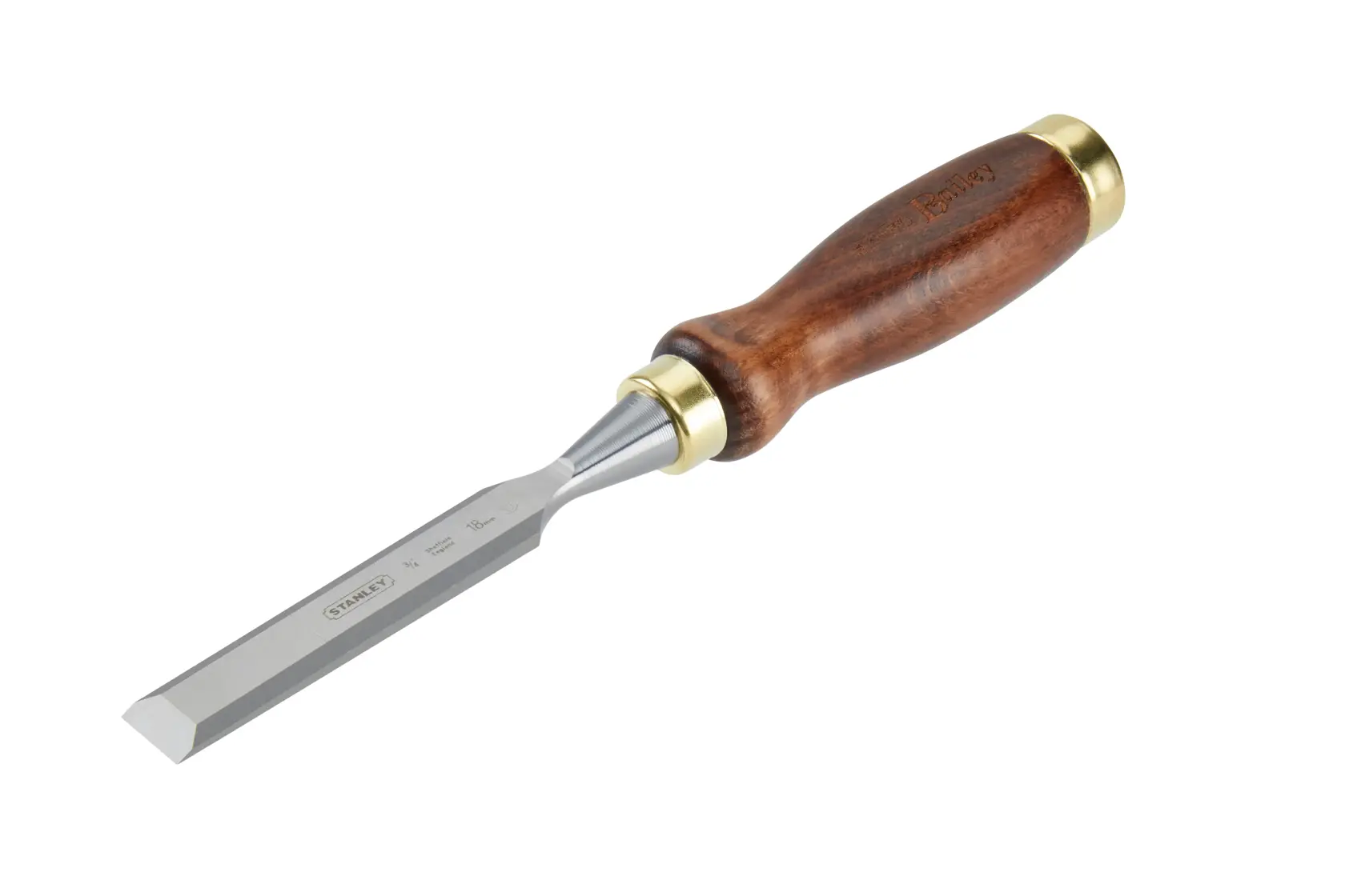STANLEY 2-16-389 wood chisel with polished blade and wood handle, product photography, angled on white.