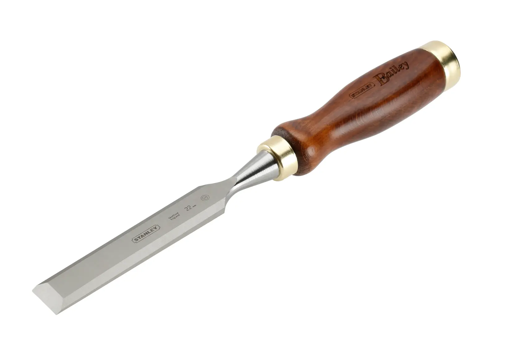 Photo of STANLEY 2-16-391 woodworking chisel with wood handle, brass ferrule, and straight steel blade, angled view.