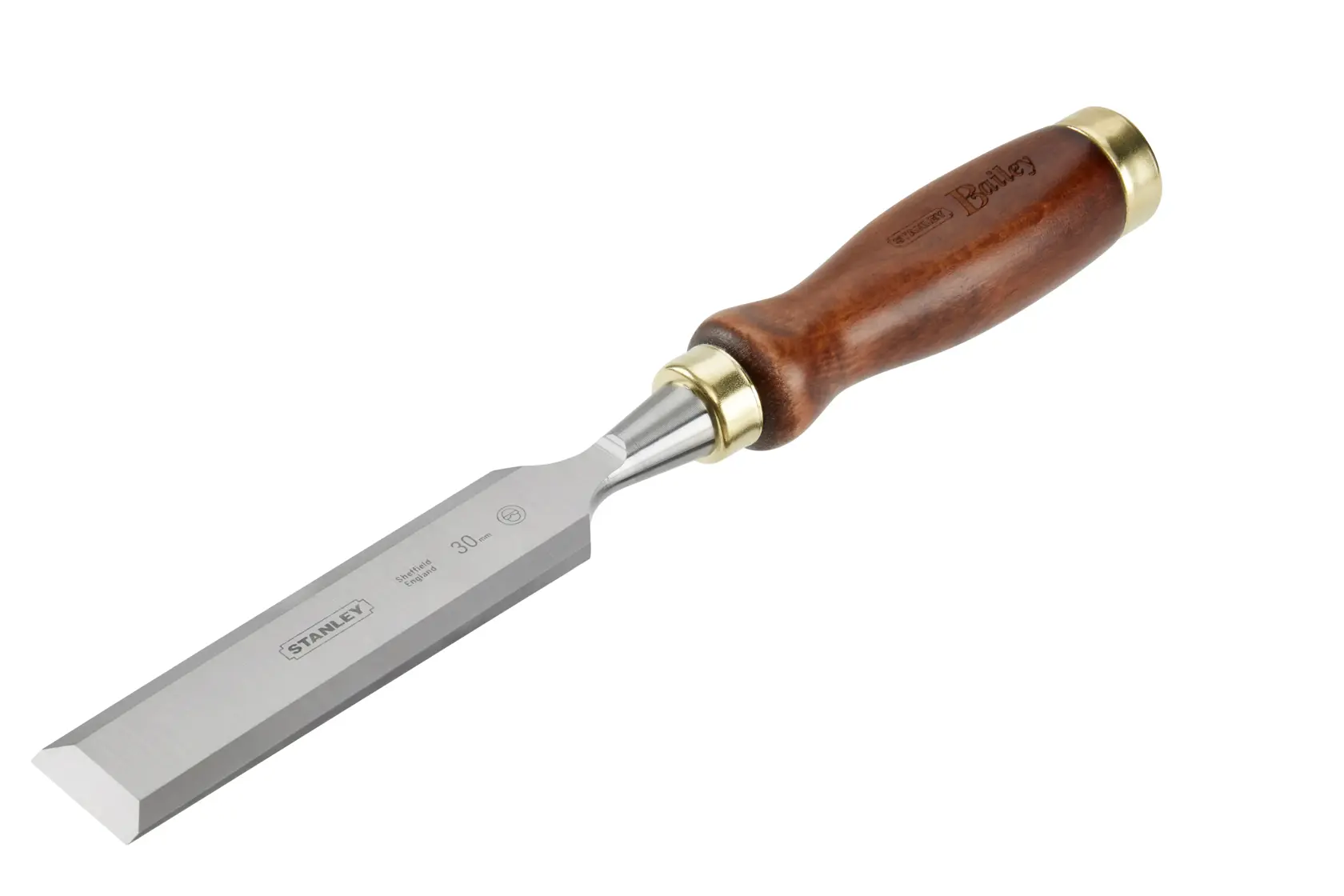 STANLEY 2-16-394 woodworking chisel with polished steel blade and varnished wood handle, side view.