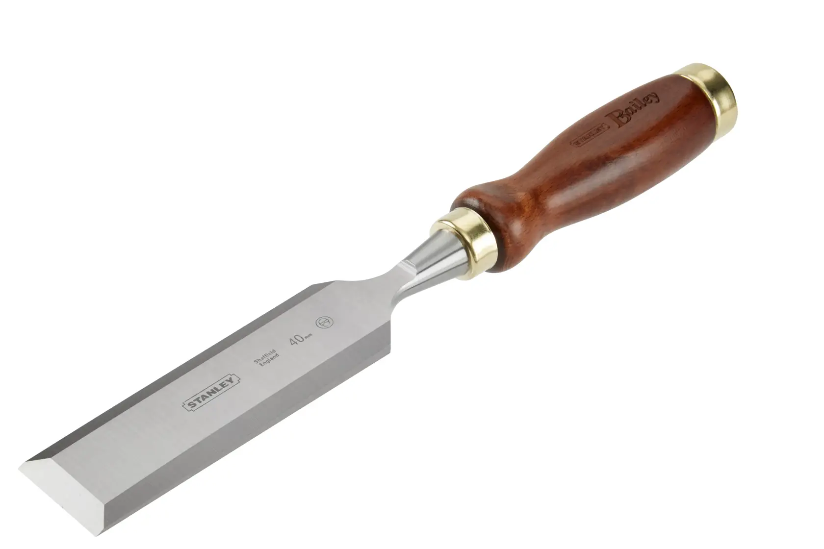 Stanley woodworking chisel with sharp steel blade and brown wooden handle, shown on a white background.