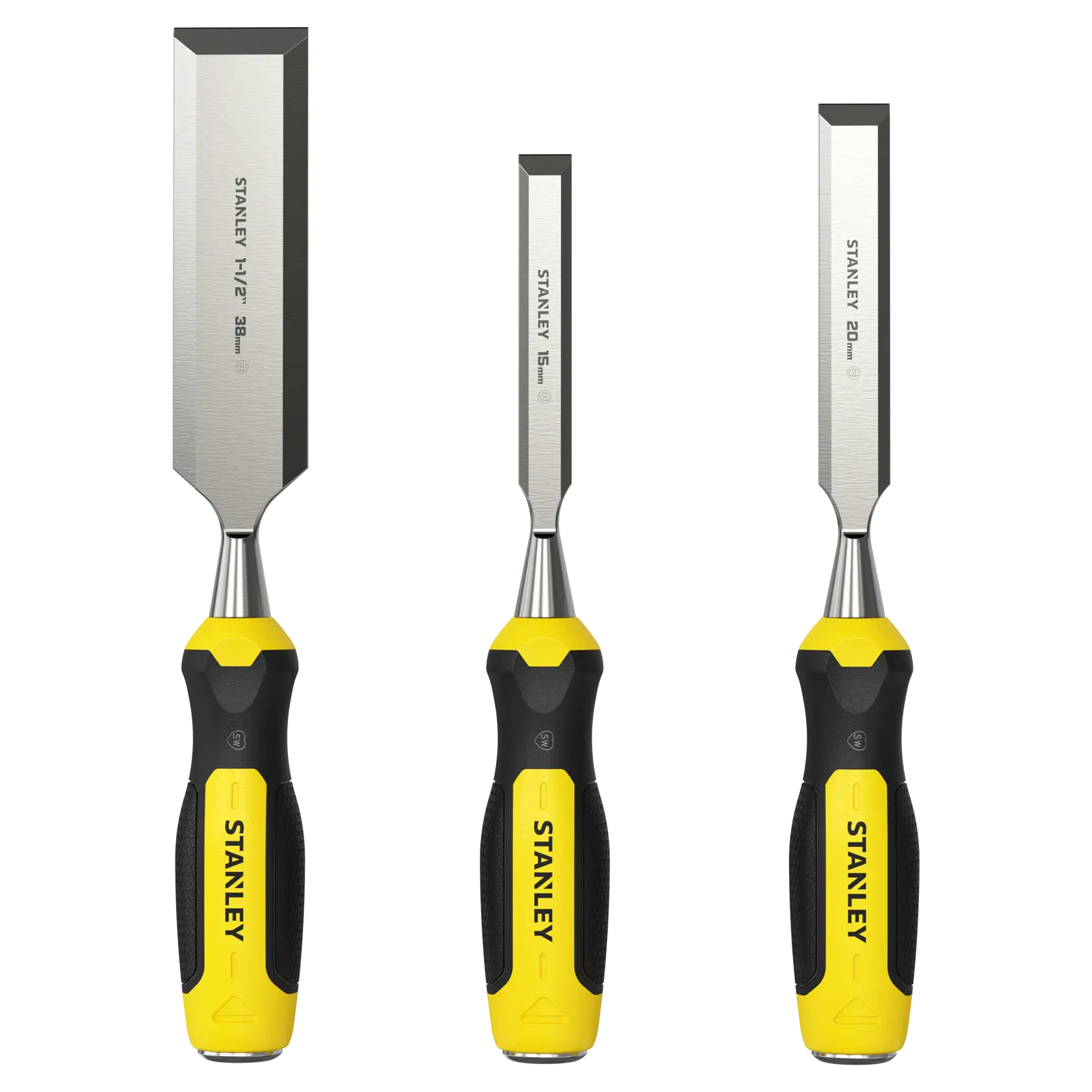 Three Stanley woodworking chisels with yellow and black handles in different blade sizes, arranged upright.