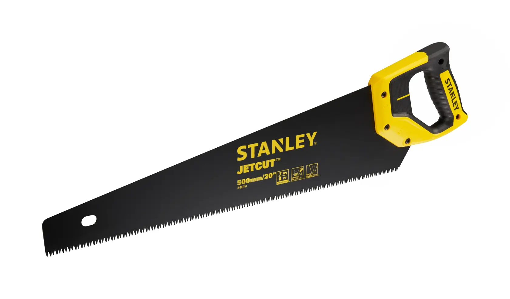 Scie à main Stanley Jetcut avec poignée jaune et noire et lame de 500mm pour bois.