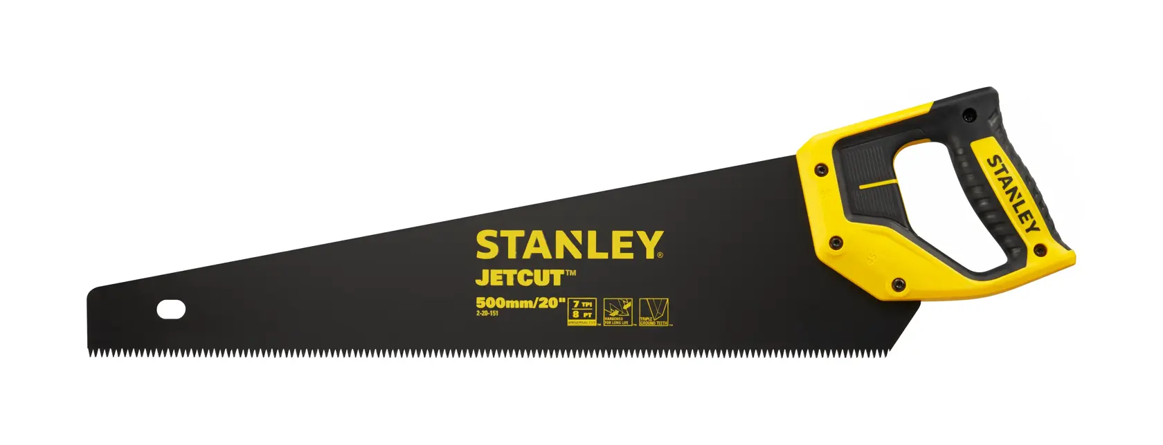 STANLEY 2-20-151 scie à main avec poignée jaune et noire, vue latérale sur fond blanc.