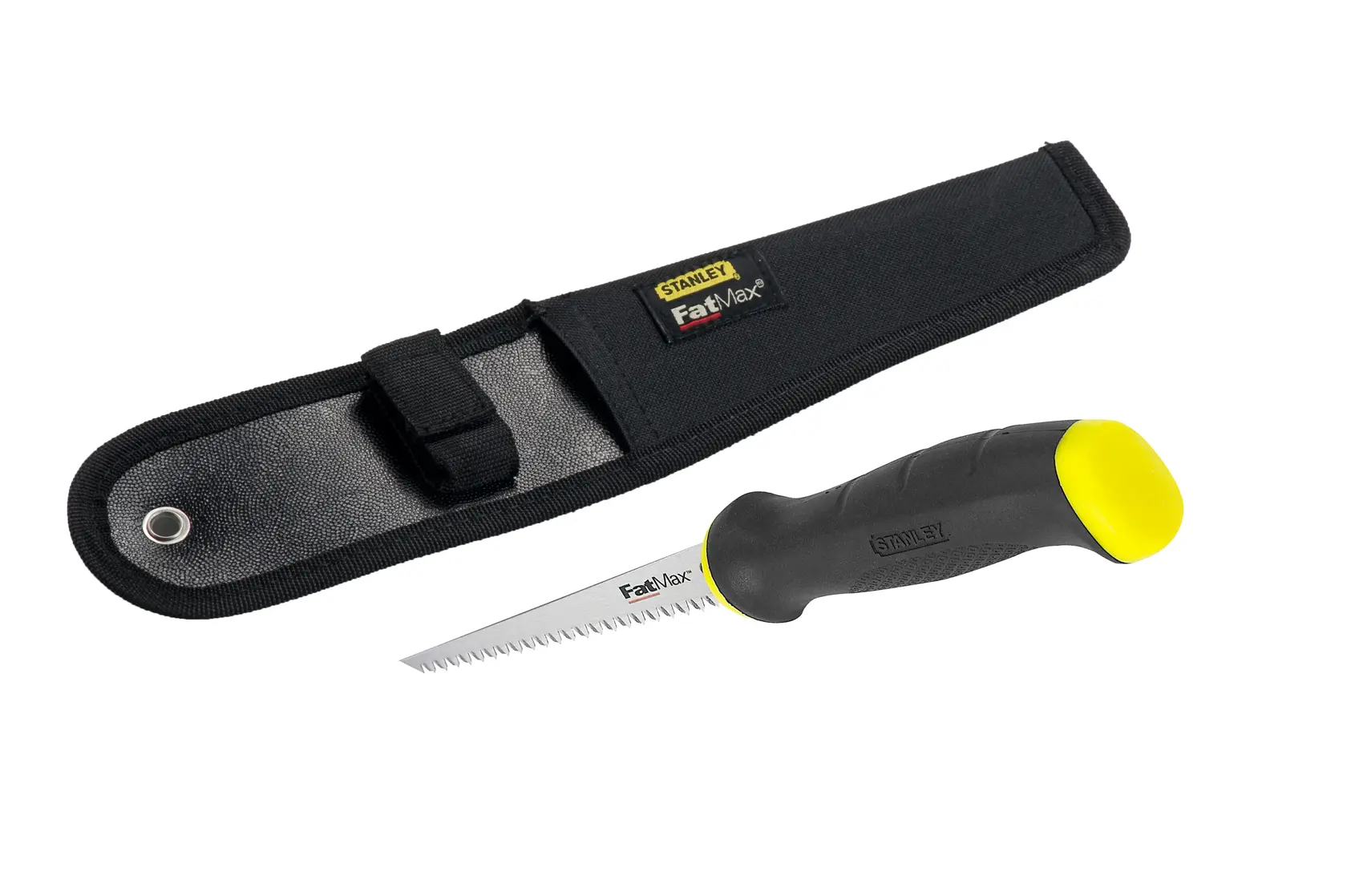 STANLEY 2-20-556 scie à main avec poignée noire et jaune et étui de protection noir, vue latérale du produit.