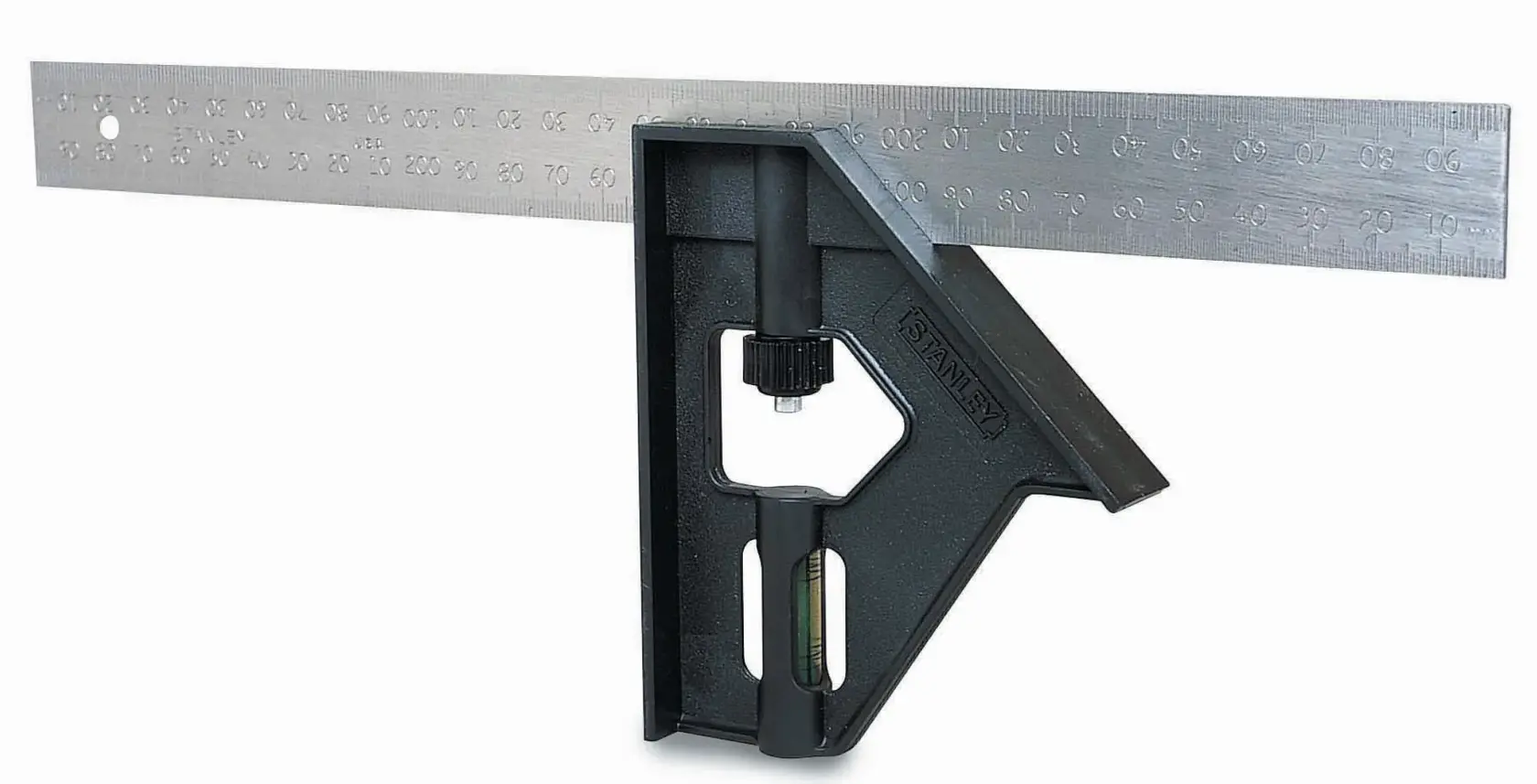 Équerre combinée Stanley avec règle métallique et poignée noire pour mesurer et marquer les angles.
