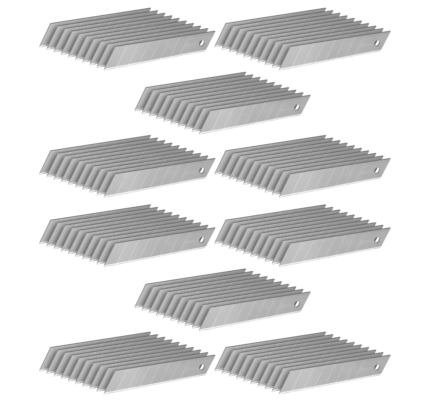 STANLEY 3-11-301 lames de rechange pour couteau utilitaire, photographie, vue latérale, lots de lames segmentées argentées sur fond blanc.