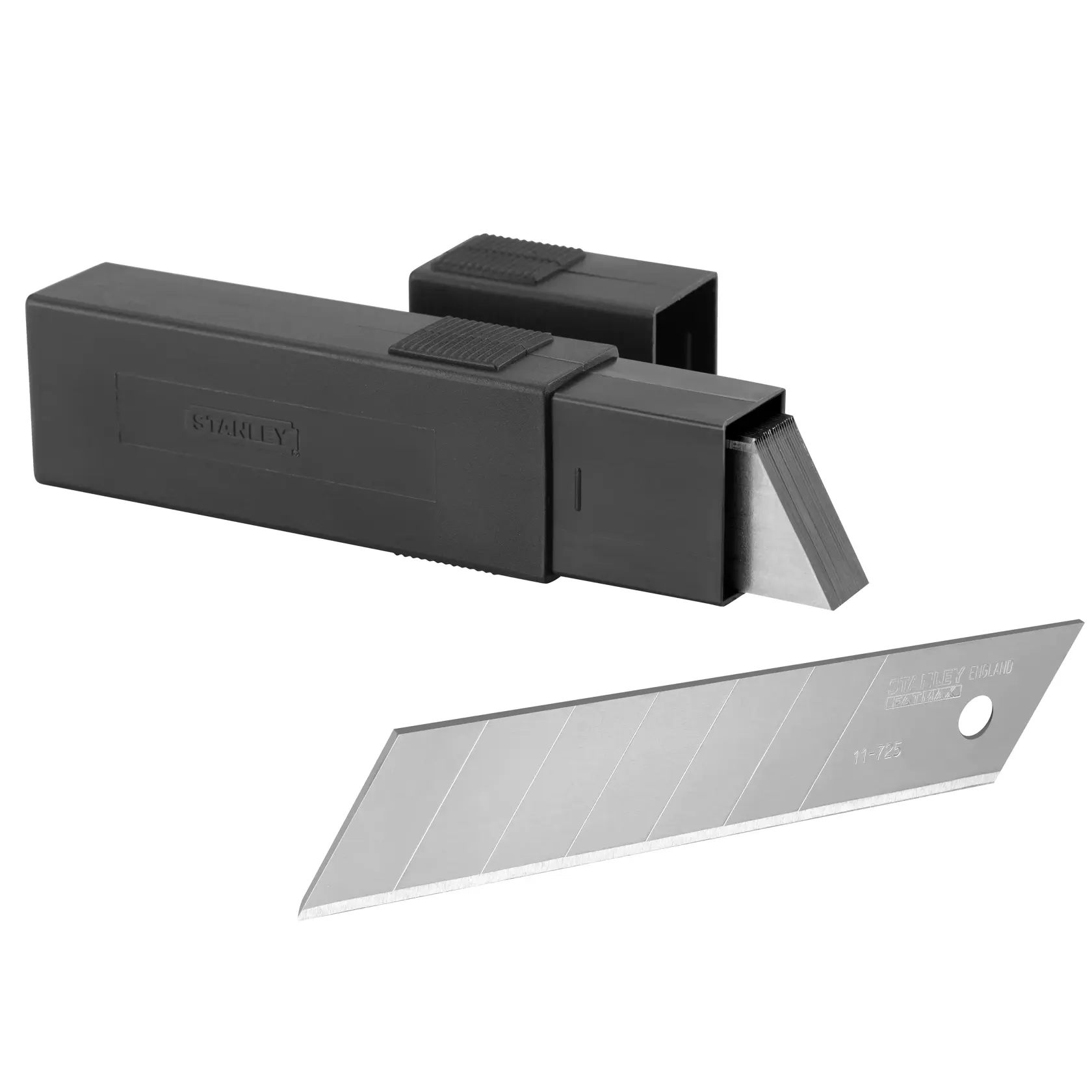 Lame a spezzare per cutter STANLEY 3-11-725 con custodia nera in plastica, vista laterale angolata su sfondo bianco.