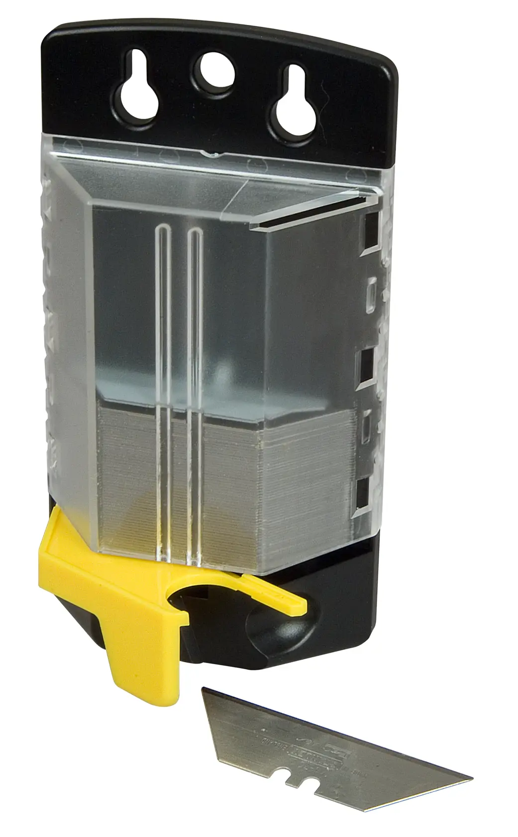 Dispenser di lame STANLEY 4-11-700 con leva gialla, custodia trasparente e una lama davanti, vista frontale.