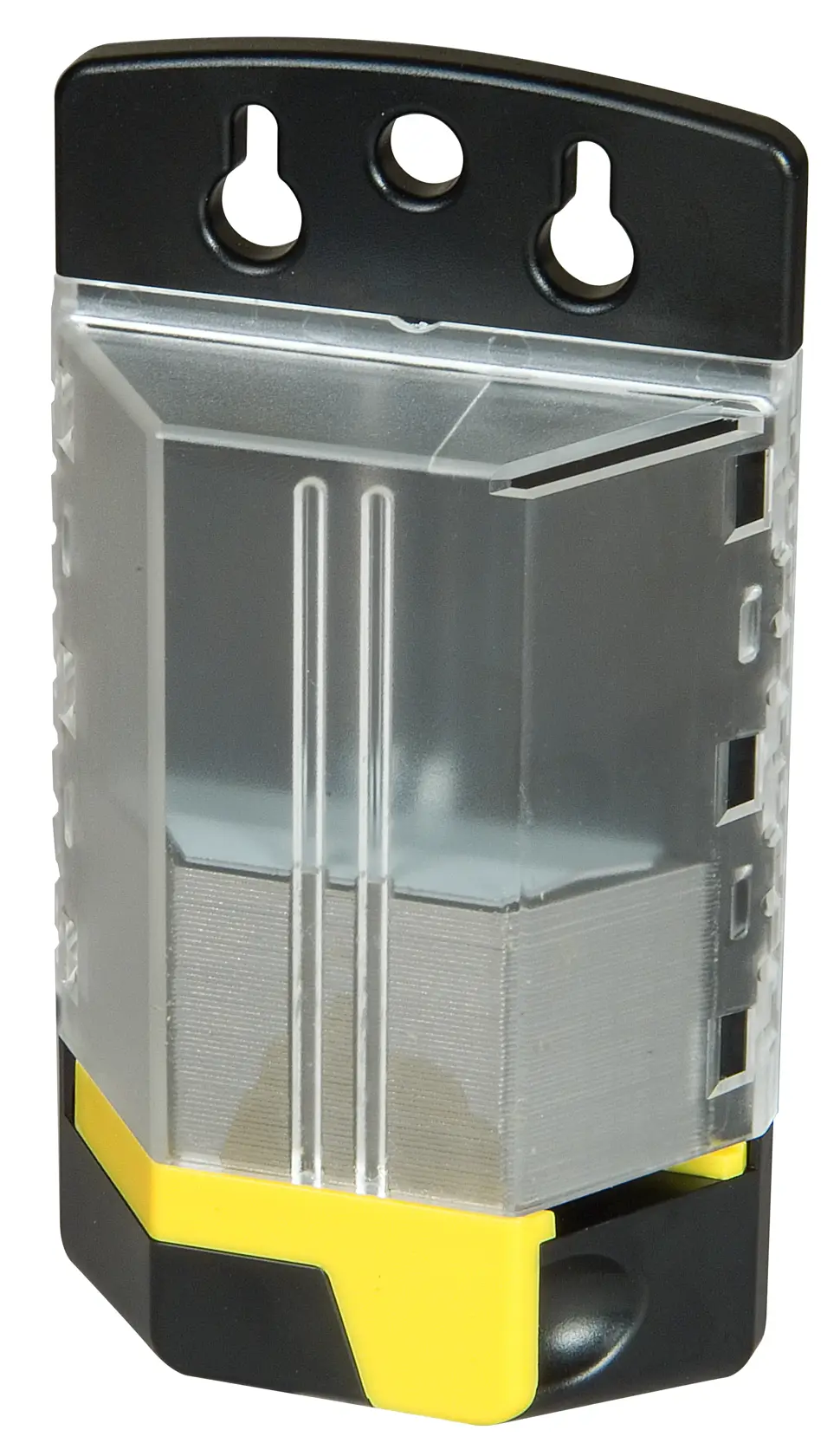 STANLEY 4-11-700 dispenser per lame da taglierino con custodia trasparente, dettagli neri e gialli, vista frontale.