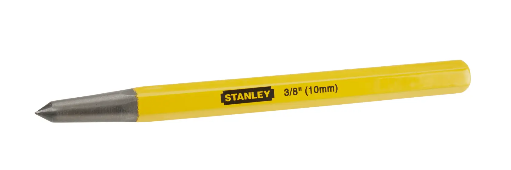 STANLEY 4-18-236 yellow cold chisel, 10mm, side angle on white background.