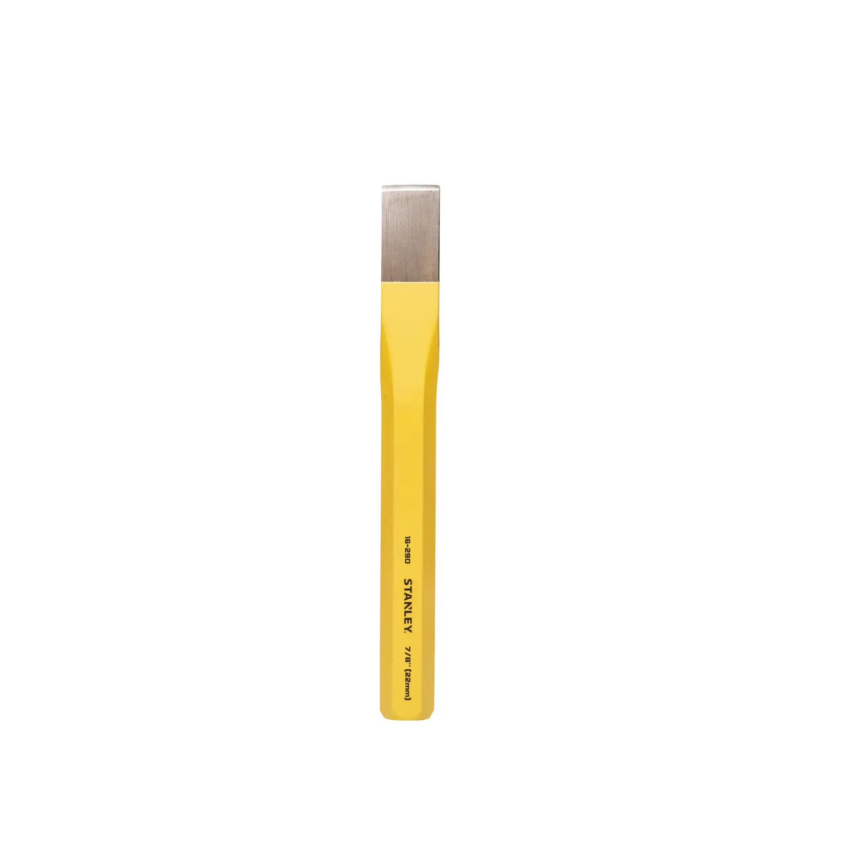 Yellow Stanley cold chisel with flat metal tip for cutting or shaping hard materials.