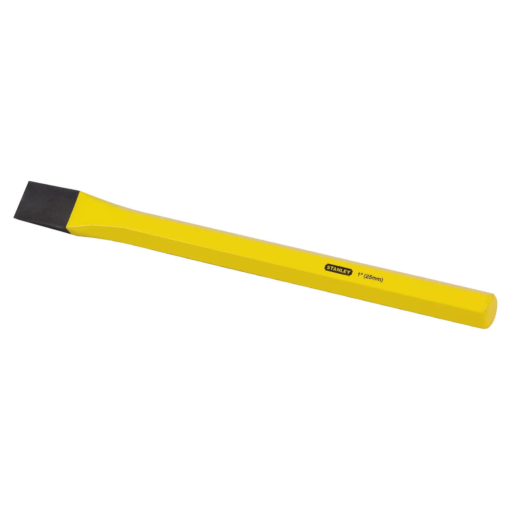 Yellow Stanley chisel with flat metal blade, suitable for cutting and shaping materials.