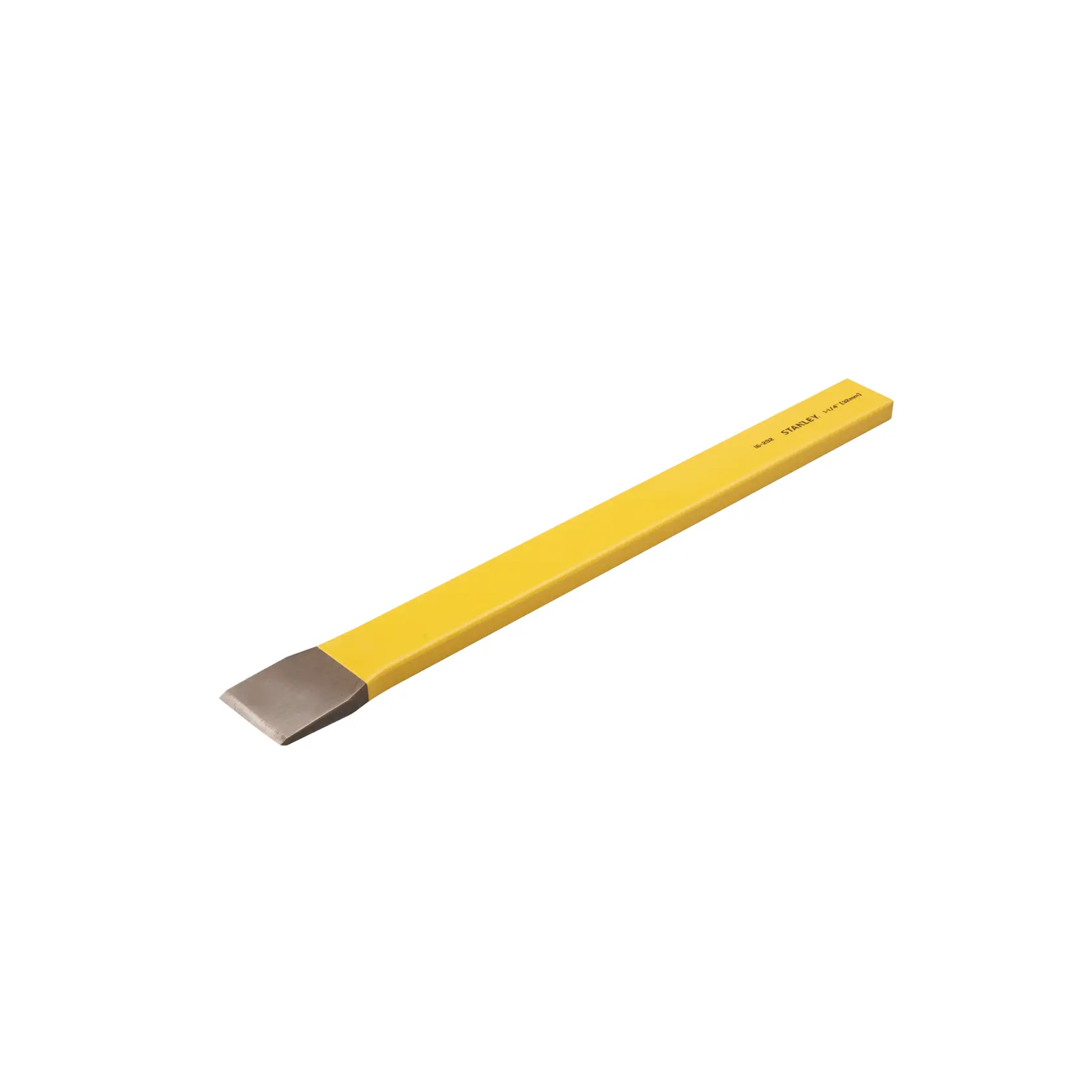 Photo of STANLEY 4-18-292 cold chisel, yellow steel body, flat blade, angled left on white background.
