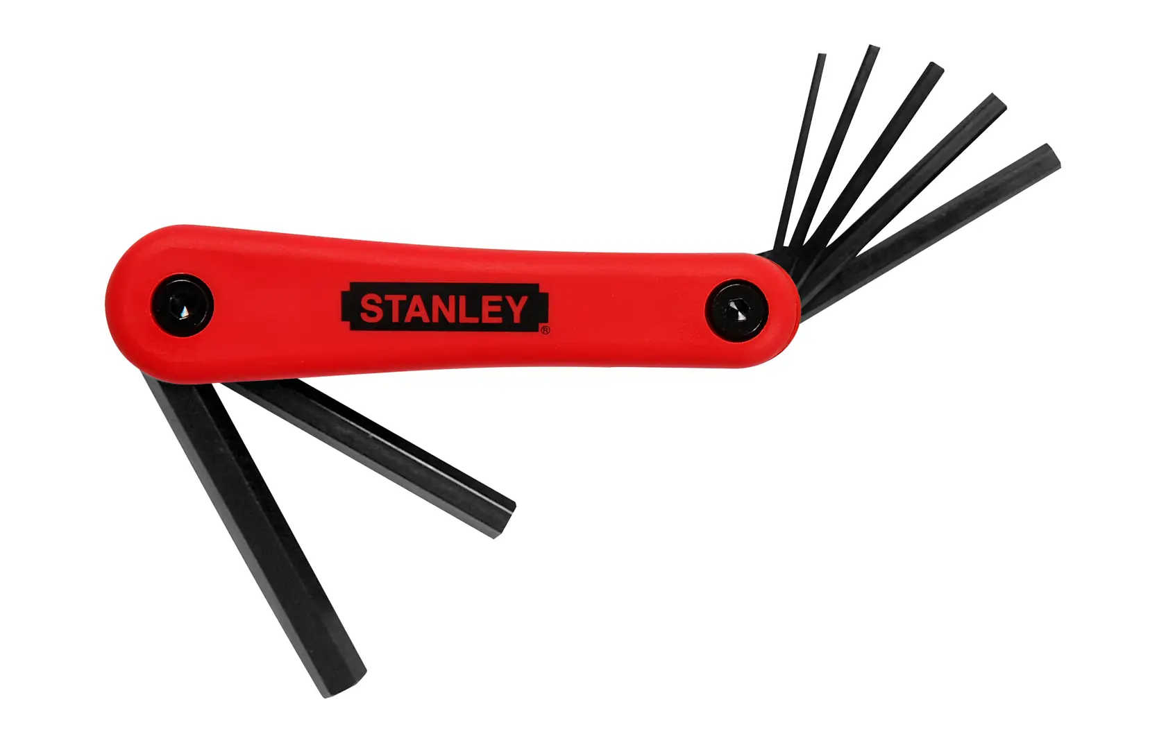 STANLEY 4-69-262 jeu de clés hexagonales avec poignée rouge, vue en angle, clés déployées.