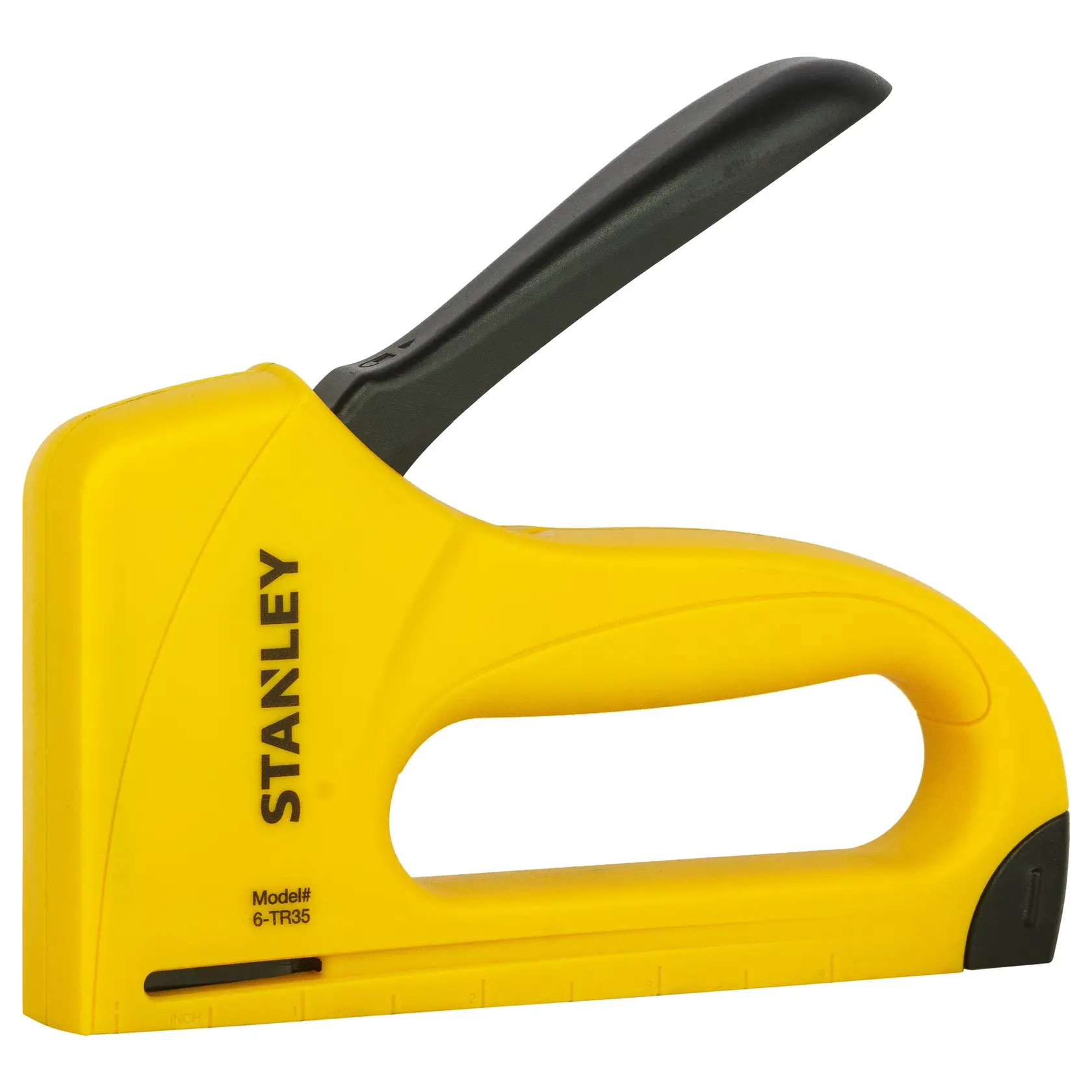 STANLEY 6-TR35 agrafeuse jaune vue latérale avec poignée noire, photographie sur fond blanc.