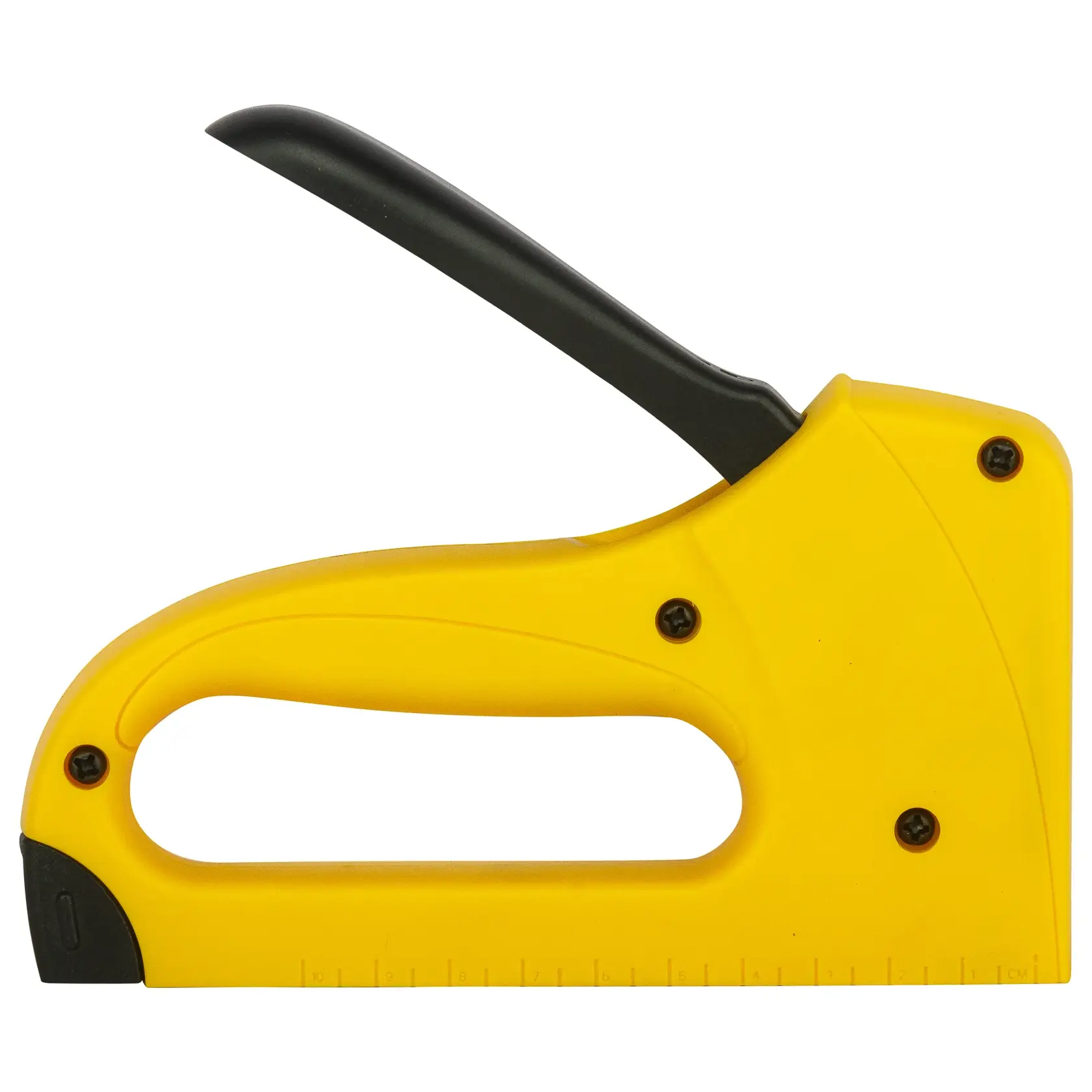 Photo de la pince agrafeuse jaune STANLEY 6-TR35, vue latérale, poignée noire, pour agrafage léger.
