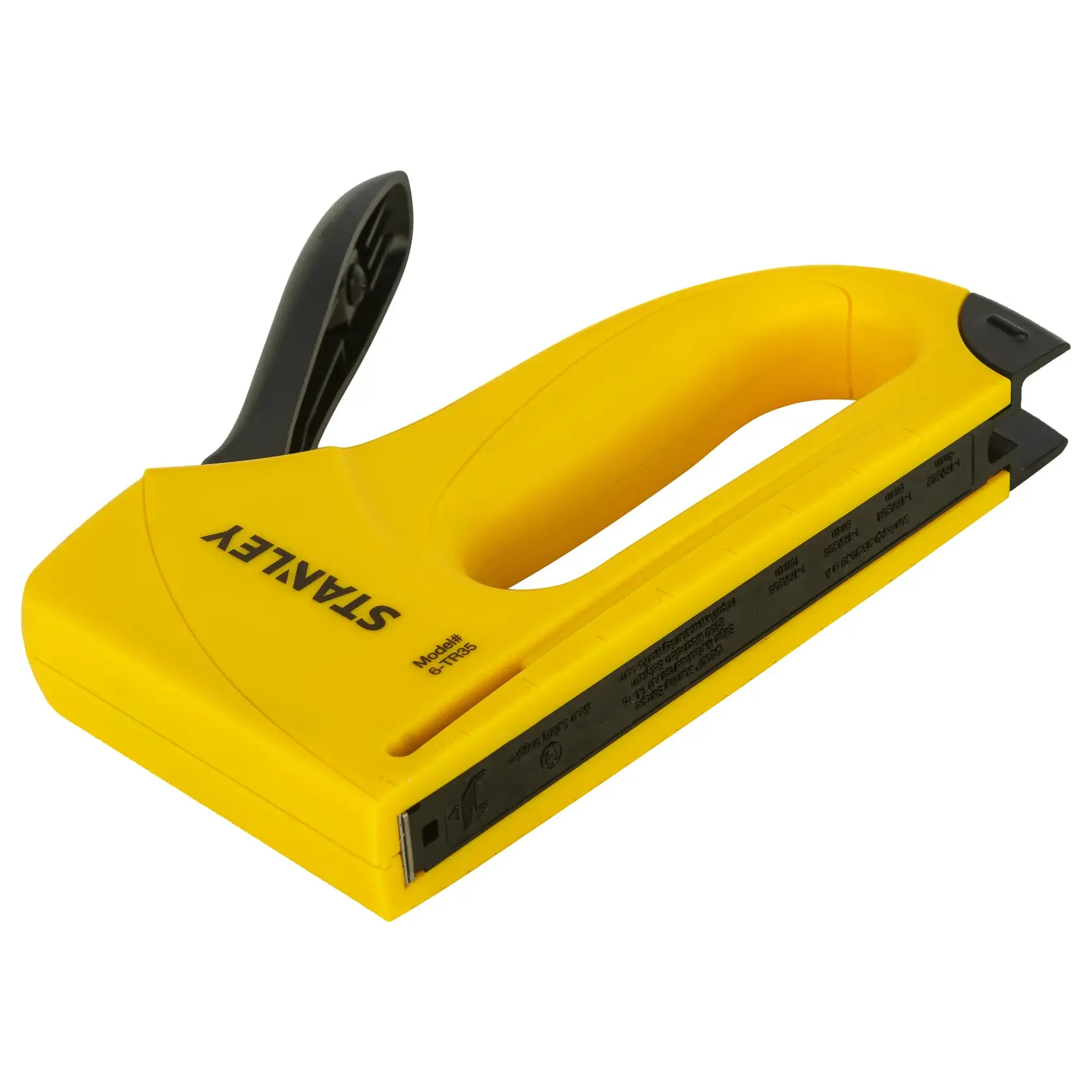 STANLEY 6-TR35 agrafeuse manuelle jaune, vue latérale, poignée noire, photographie produit.