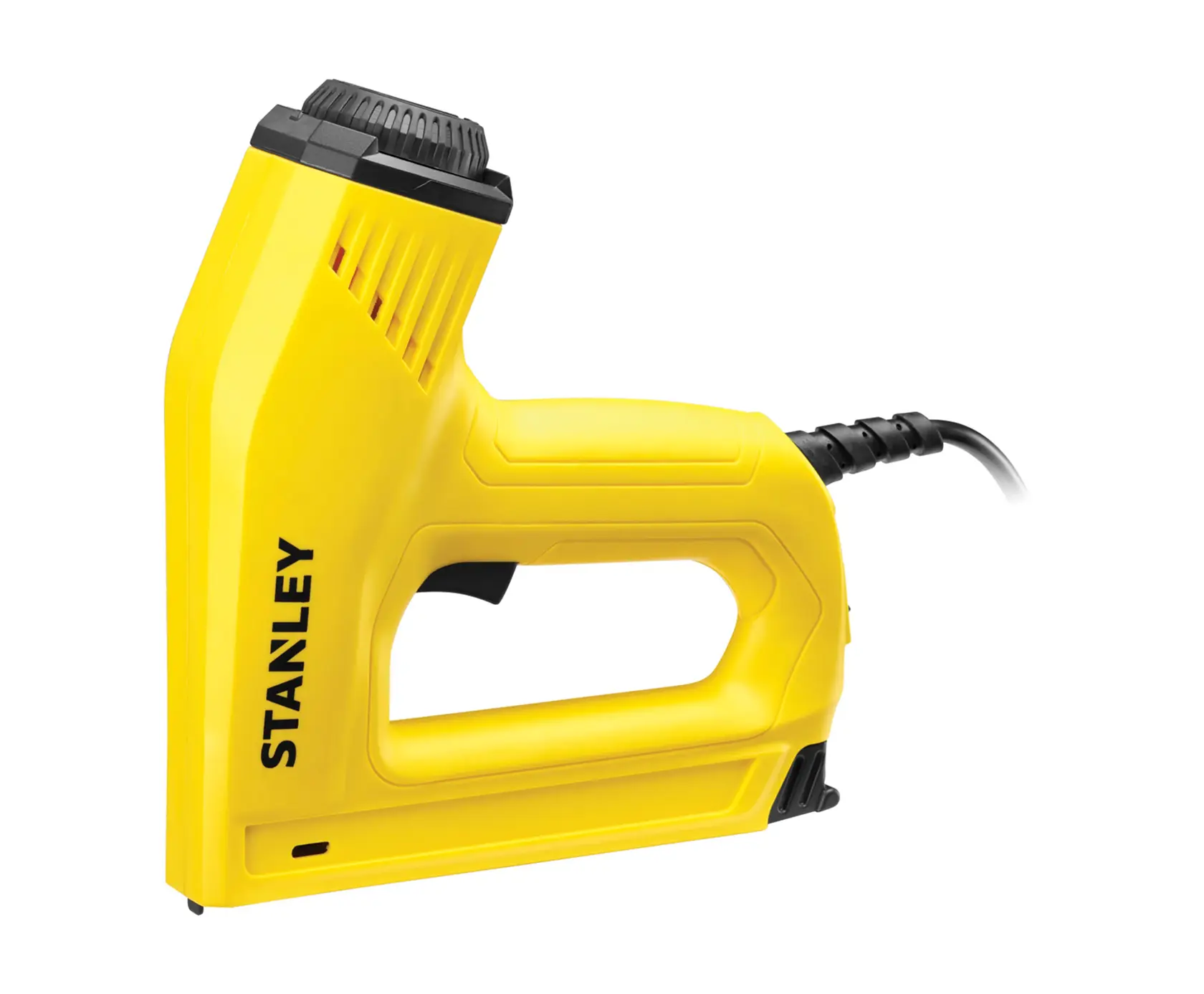 Photo de l’agrafeuse électrique jaune STANLEY 6-TRE550, vue de côté, bouton noir et cordon.