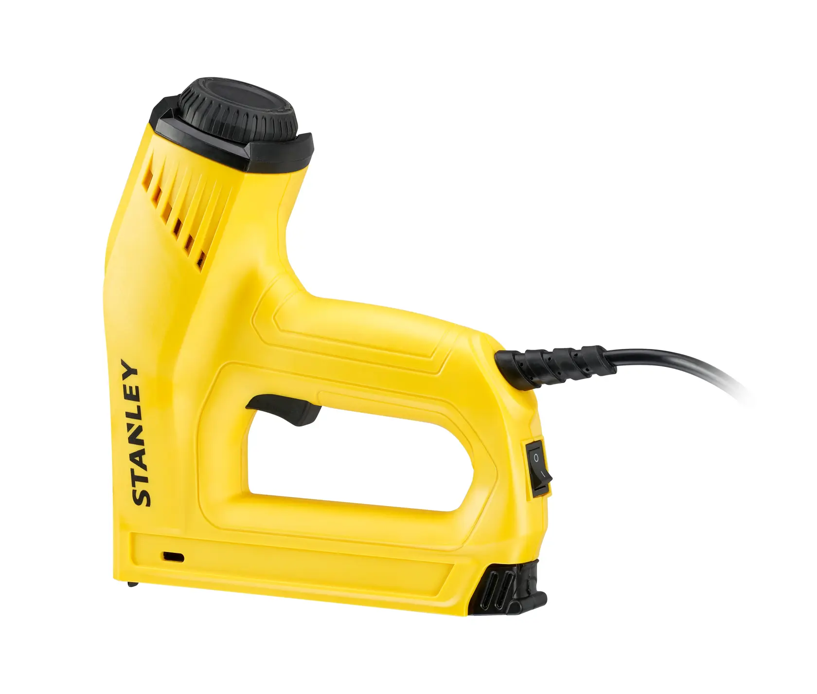 Photo de l'agrafeuse électrique jaune STANLEY 6-TRE550, vue latérale sur fond blanc.