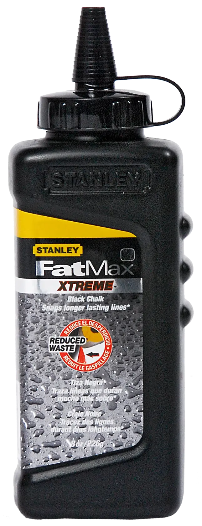 Photographie du flacon noir de craie STANLEY 9-47-822 FatMax XTREME avec bouchon pointu, vue de face sur fond blanc.