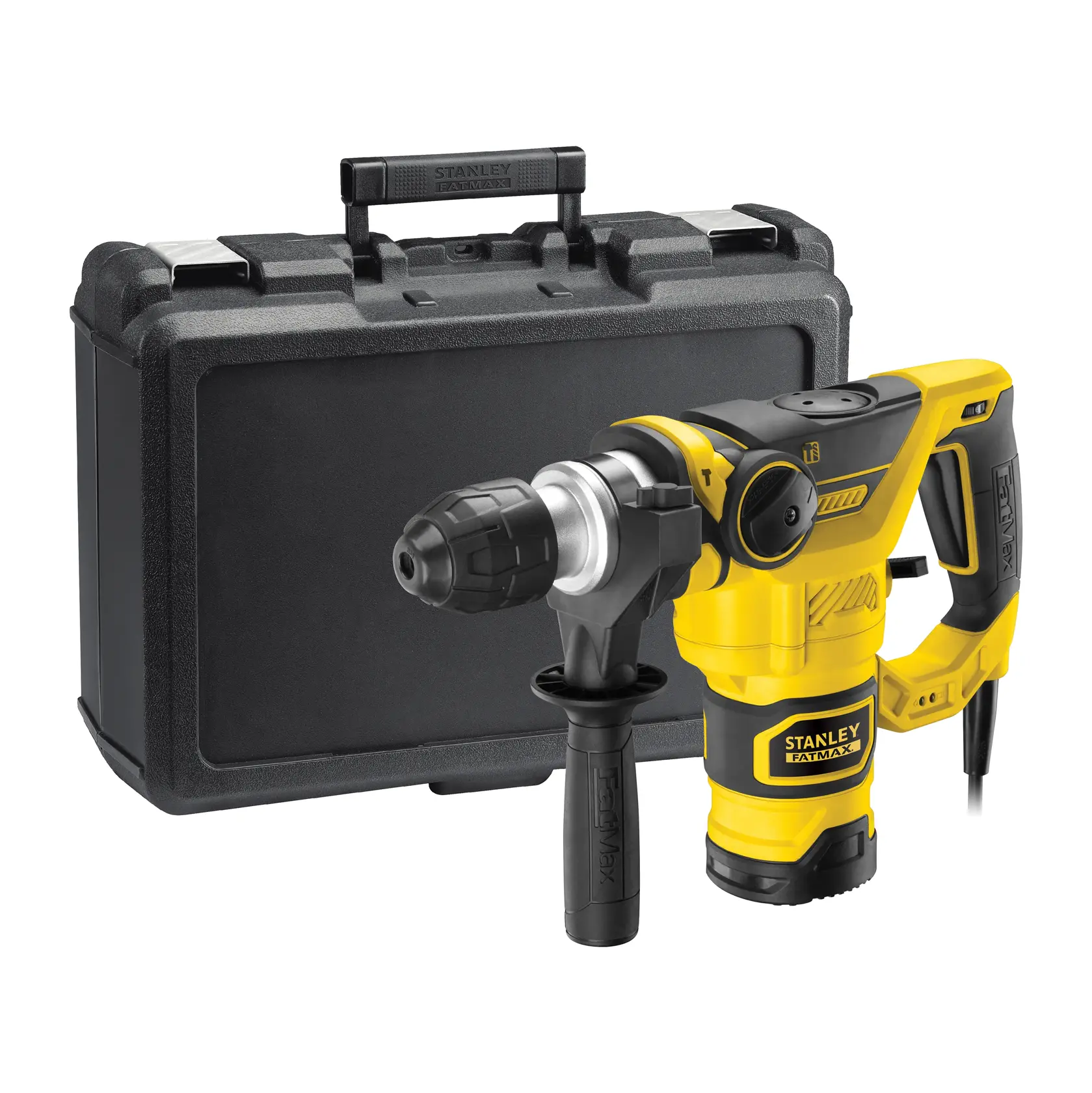 STANLEY FME1250K martello rotante giallo e nero, angolo frontale su sfondo bianco.