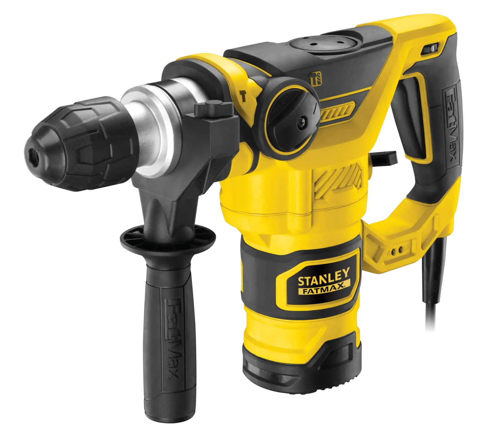 Martello rotativo STANLEY FME1250K con scalpello su macerie edili, mostrato in esterno.