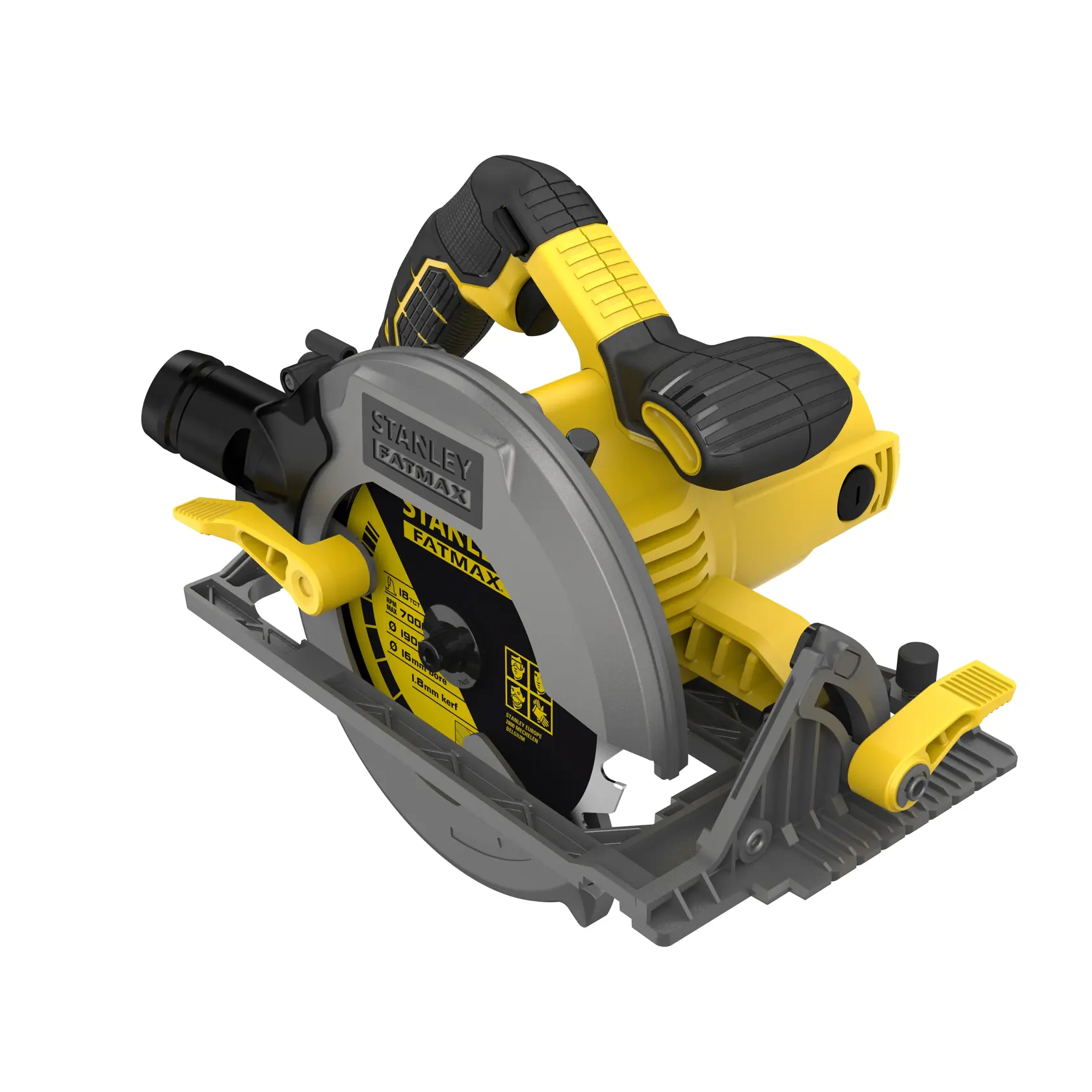 STANLEY FME301K scie circulaire jaune et noire, vue latérale, lame et poignée ergonomique visibles.
