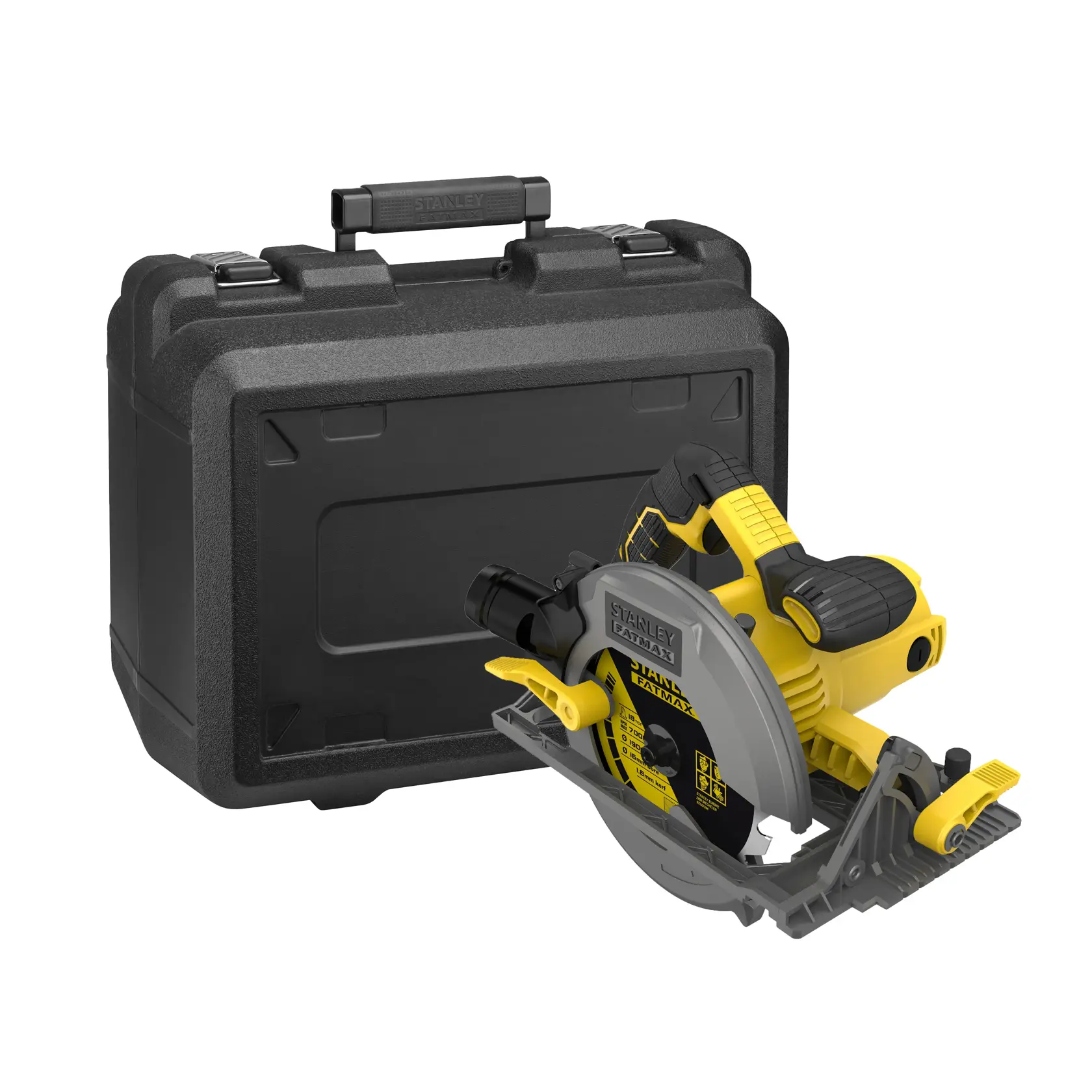 Stanley FME301K scie circulaire à poignée jaune et coffret noir, vue de face sur fond blanc.